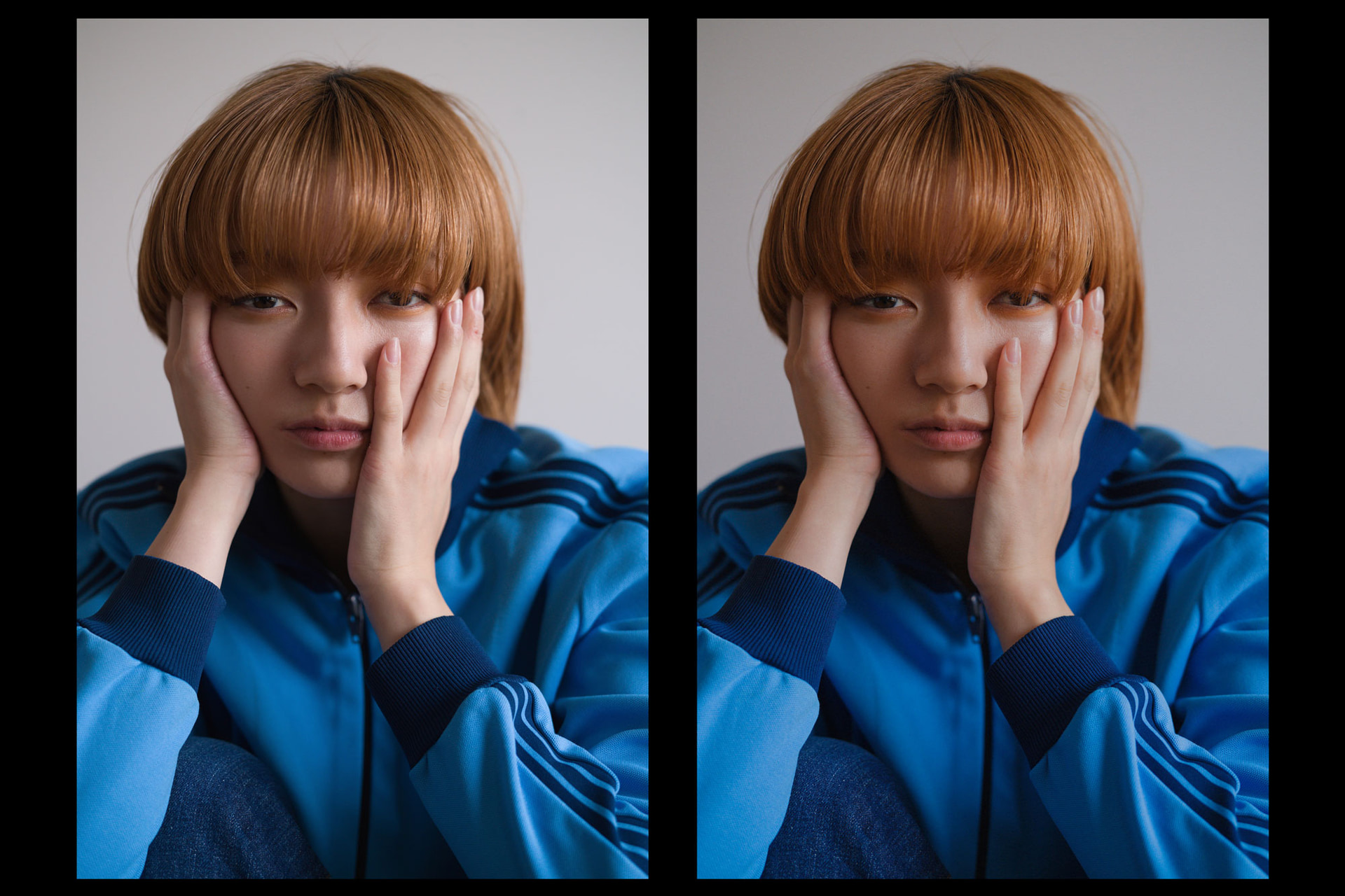 オリジナル画像（左）に「FUJIFILM ASTIA 100」のプリセットを適用（右）。肌の赤みを抑えつつ、コントラストを強めた写真に仕上げた