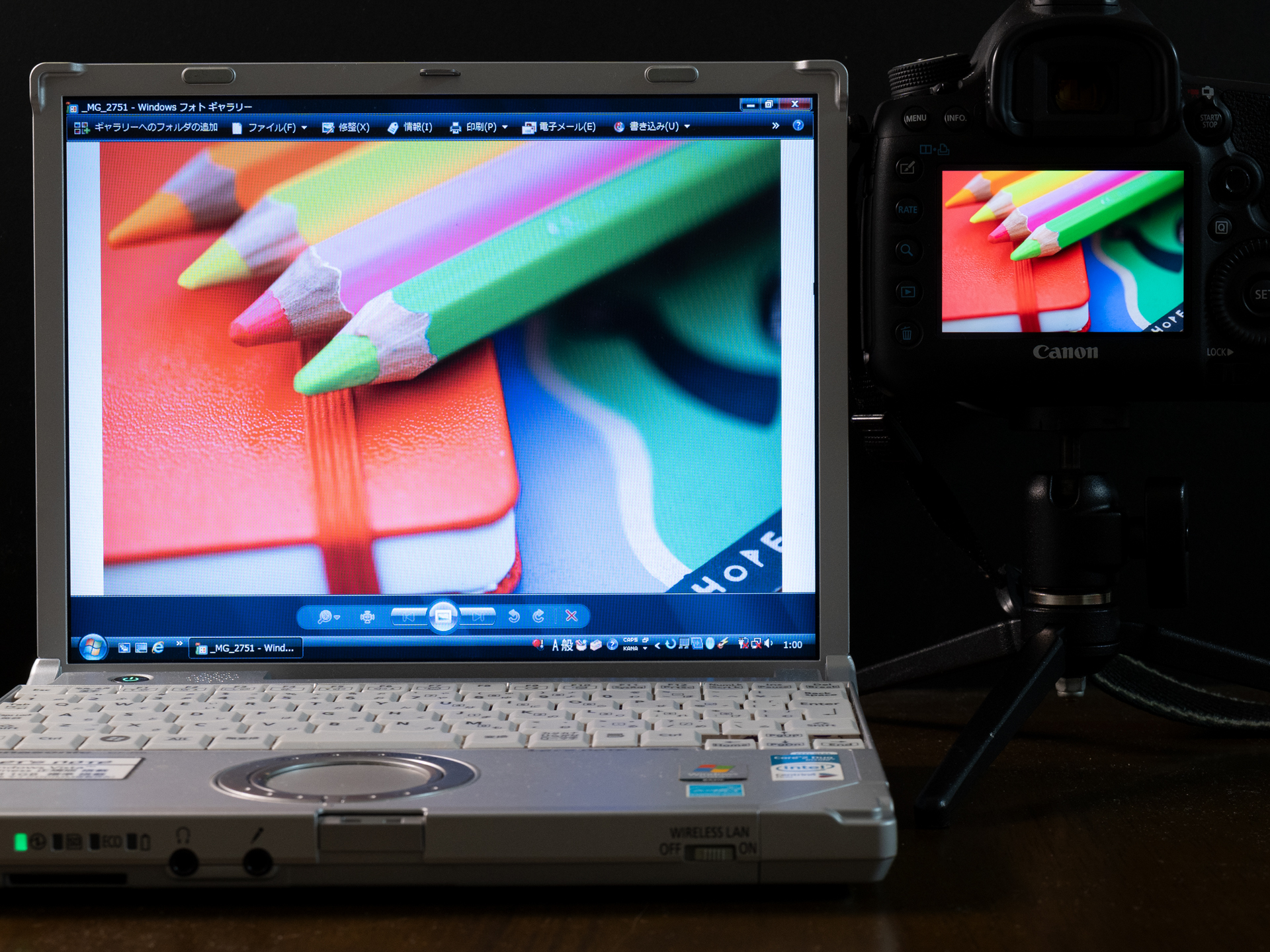 デジカメのモニターと普通のパソコンのモニターの見え方の違い。デジカメの液晶画面は色の再現性が高く、濃度のあるハッキリとした色彩で表示される。同じ写真をノートパソコンで見ると、色が抜けたような浅い色彩だ