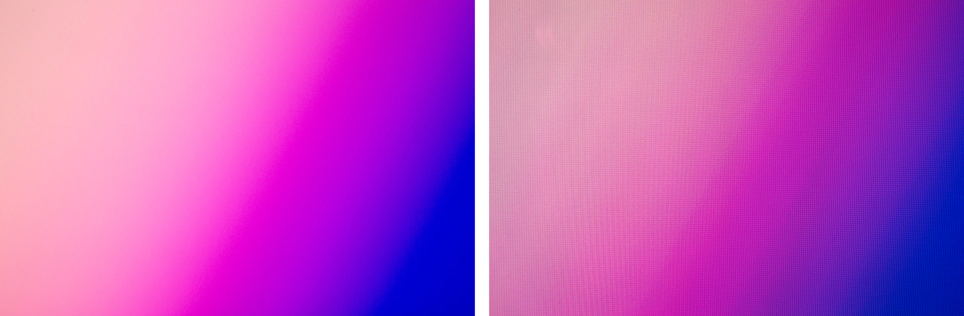 10bit表示のSW272Uの画面（左）と、8bit表示のフルHDモニター（右）の画面を撮影した例。違いが見えるように作った意地の悪い画像だが、クリックして等倍表示すると分かるとおり、SW272Uはグラデーションが滑らかな描写になっている。対して8bitモニターでは、色数が足りずに色の境目が生じ段付きのある描写だ。画像は16bitデータでどちらも同じ処理を施しているため、データ上は問題ない