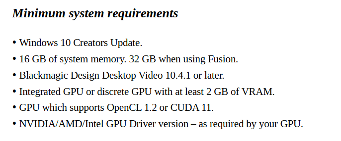DaVinci ResolveのReadmeファイルに記載している最小システム要件にはCPUの項目がない