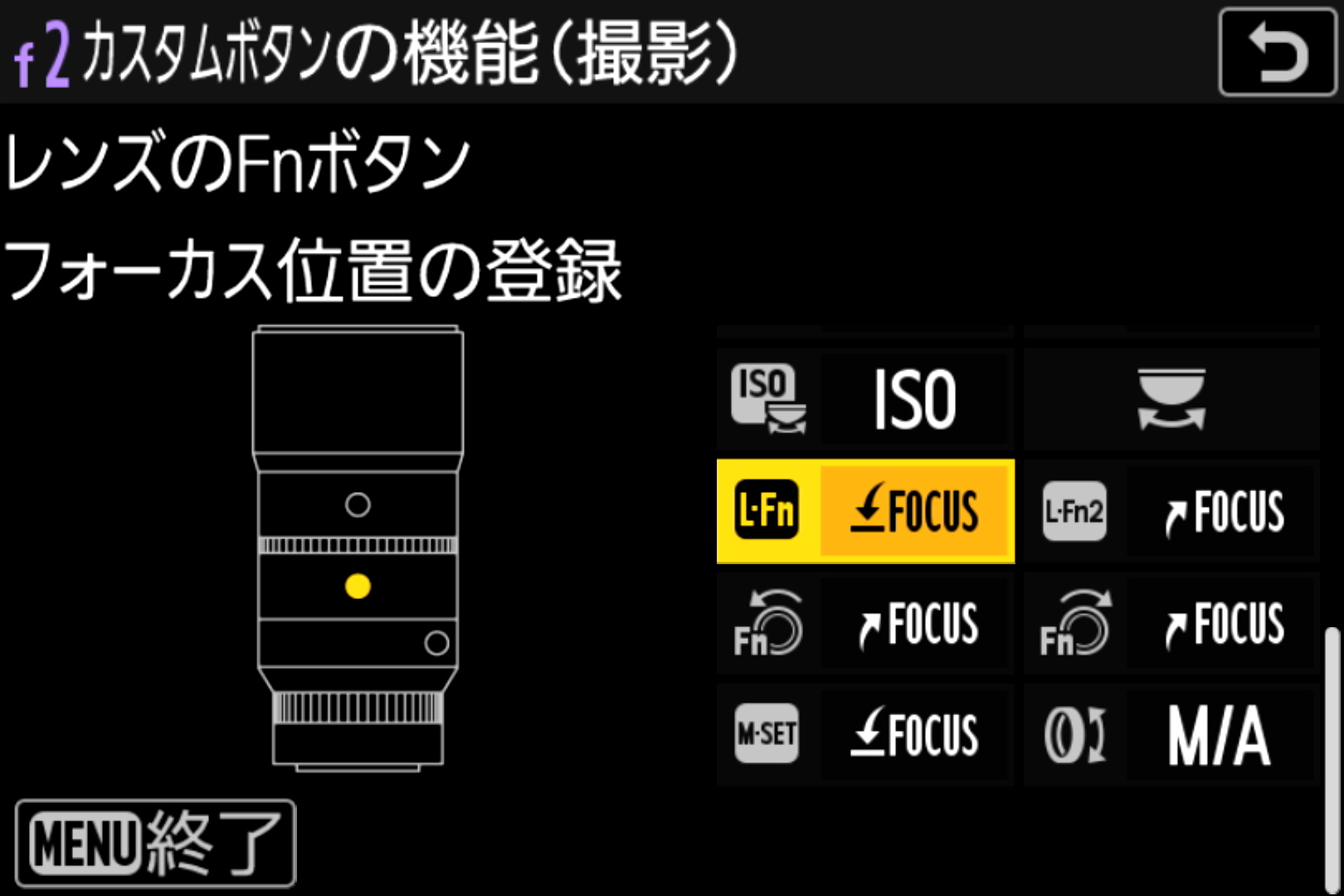 カスタムメニューの「f2 カスタムボタンの機能（撮影）」でL-Fnに「フォーカス位置の登録」を割り当てておく