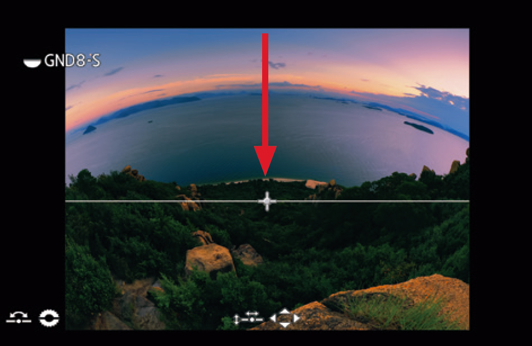 海の部分はND効果の境目が目立ちやすいので細かく位置を調整している。画面真ん中よりも少し下の位置を設定した