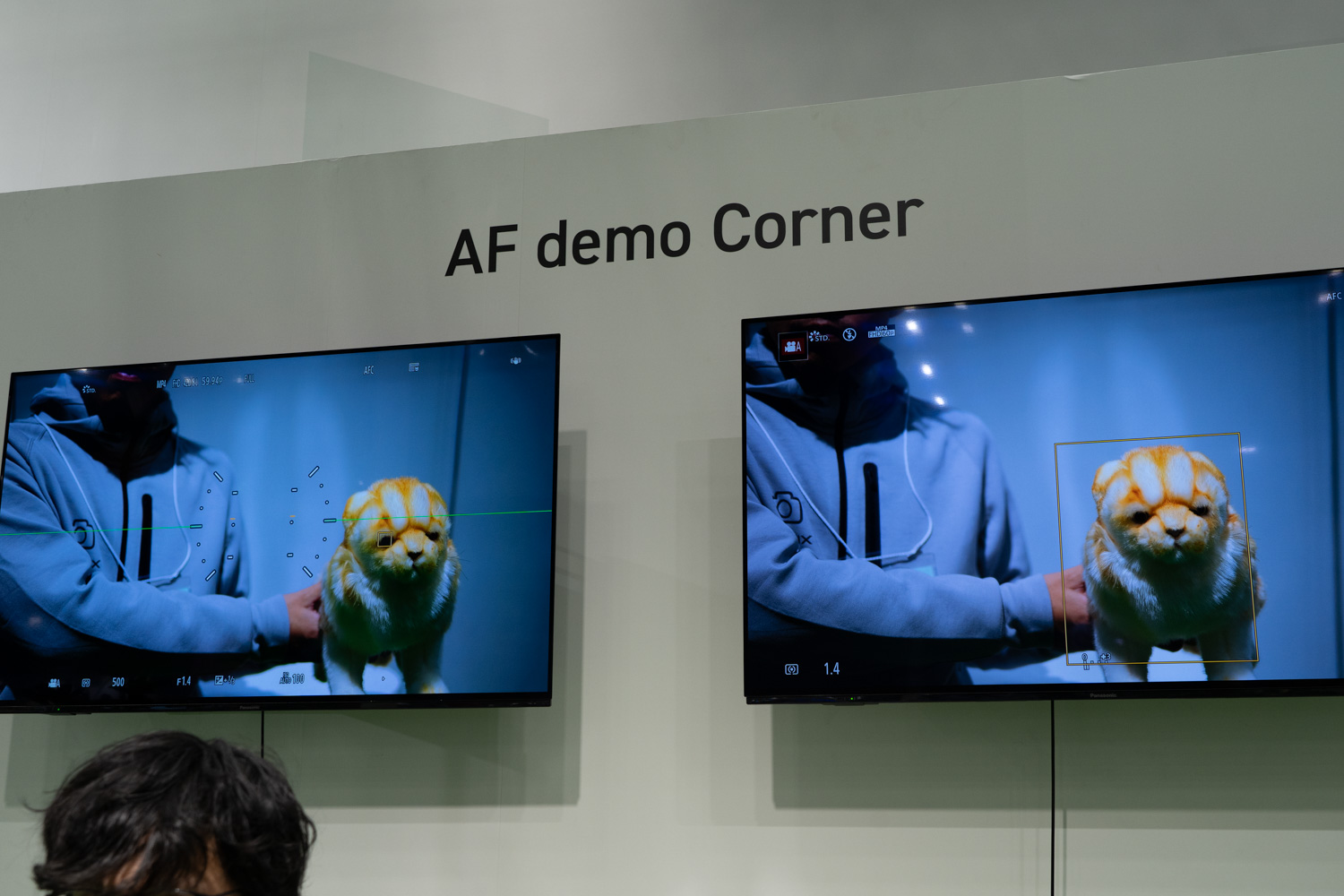 LUMIX G9PRO II（左画面）で追加された動物瞳認識AFのデモ。ぬいぐるみの目を追従している
