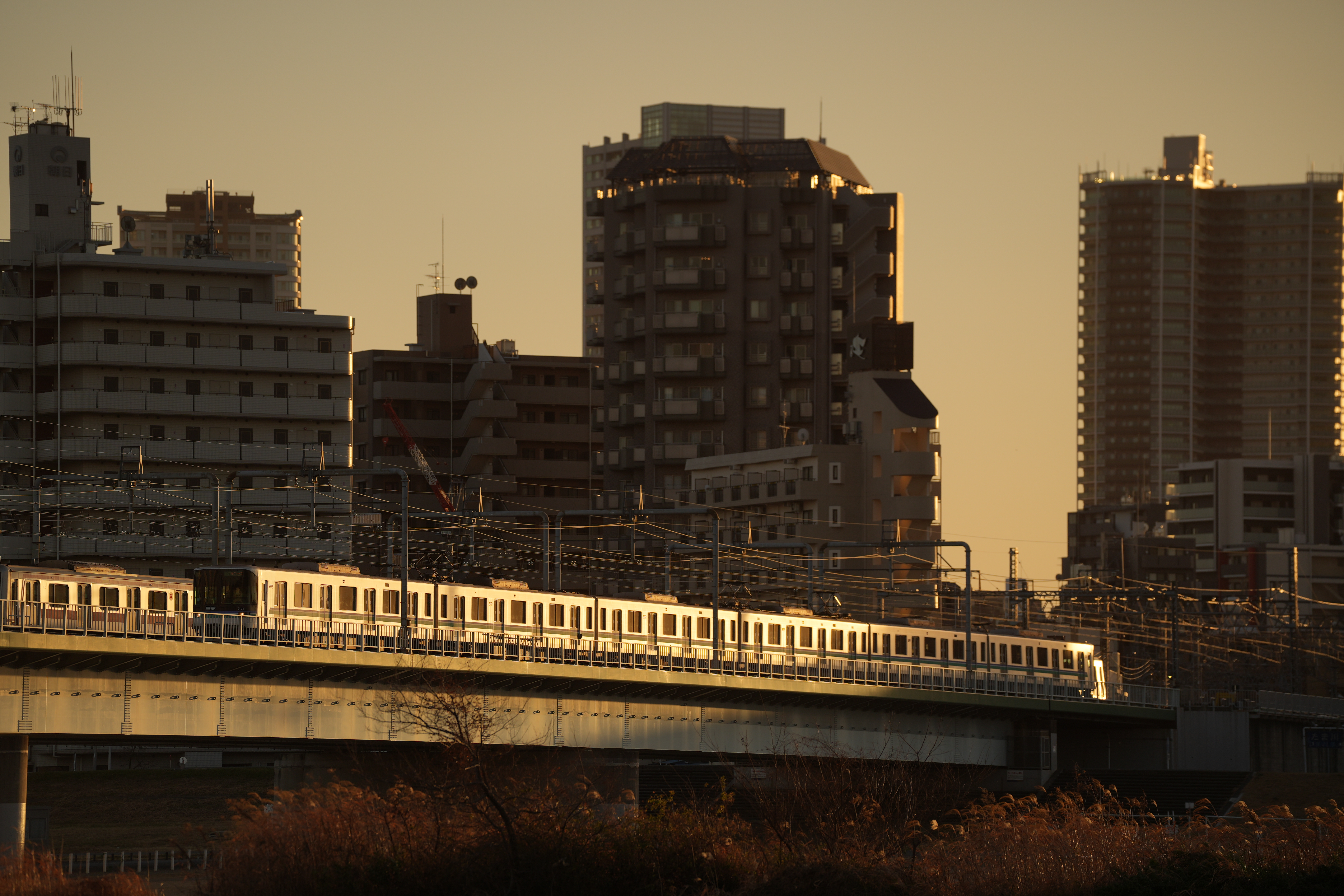夕日が電車を照らす。200mmの圧縮効果で背景のビルを大きく写せた<br><span class="fnt-85">α7 IV／SIGMA 70-200mm F2.8 DG DN OS｜Sports／200mm／マニュアル露出（1/1,250秒、F4.0、－1.3EV）／ISO オート（ISO 100）／WB: 日陰</span>
