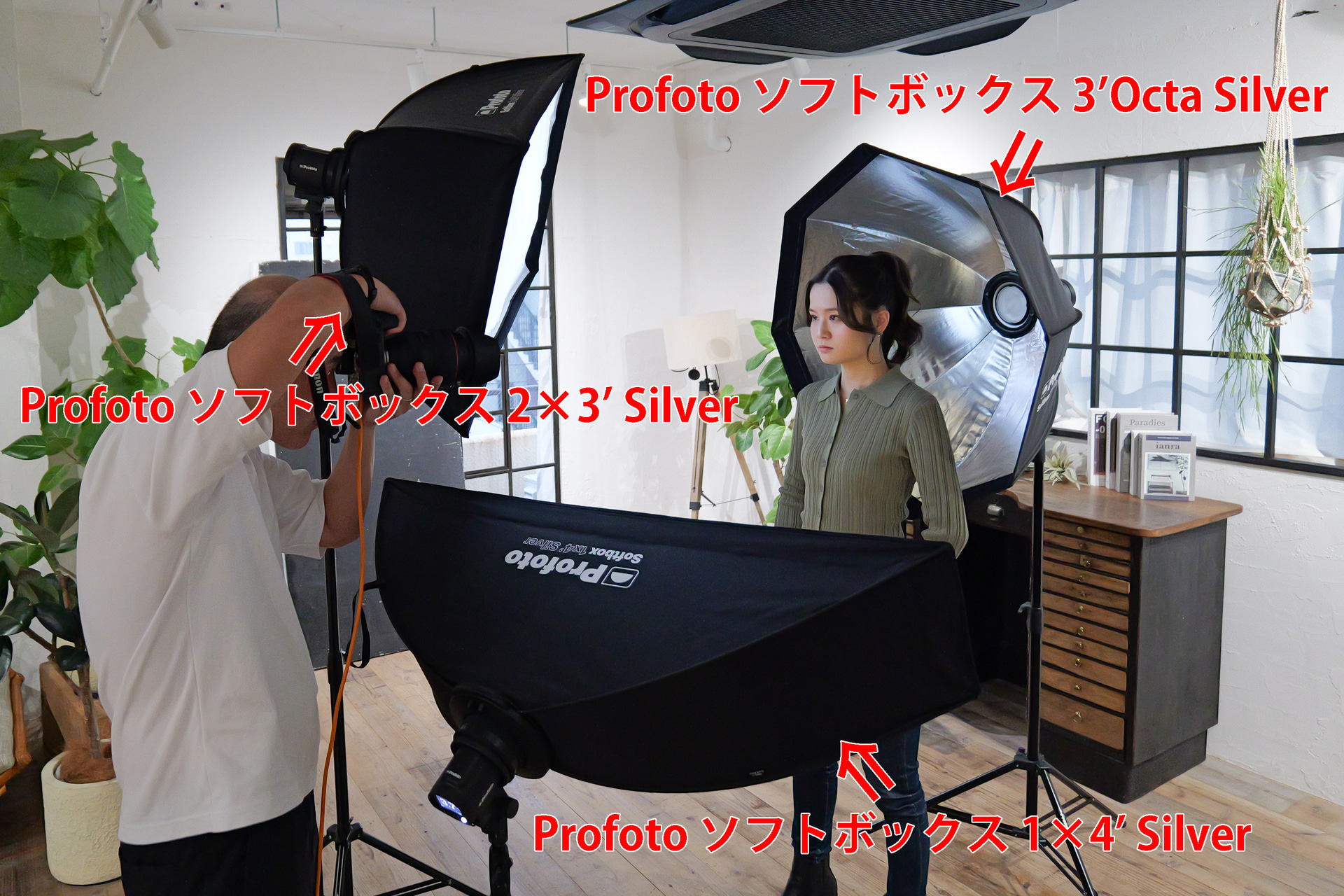 撮影風景。モデルの真後ろからB10Xにディフューザーを外した「Profoto ソフトボックス 3’Octa Silver」。モデルに対し、左上からB10Xに「Profoto ソフトボックス 2×3’ Silver」、右下からA2に「Profoto ソフトボックス 1×4’ Silver」をつけて照射。A2への装着にはOCFアダプターIIを使用している