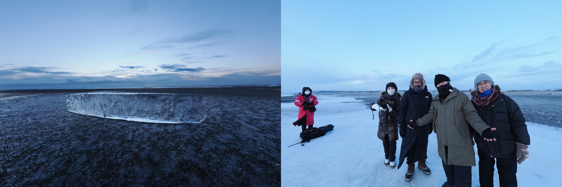 ジュエリーアイスの撮影へ。ジュエリーアイスの名付け親である浦島久さん、お世話になっている十勝観光連盟の梅村さんと