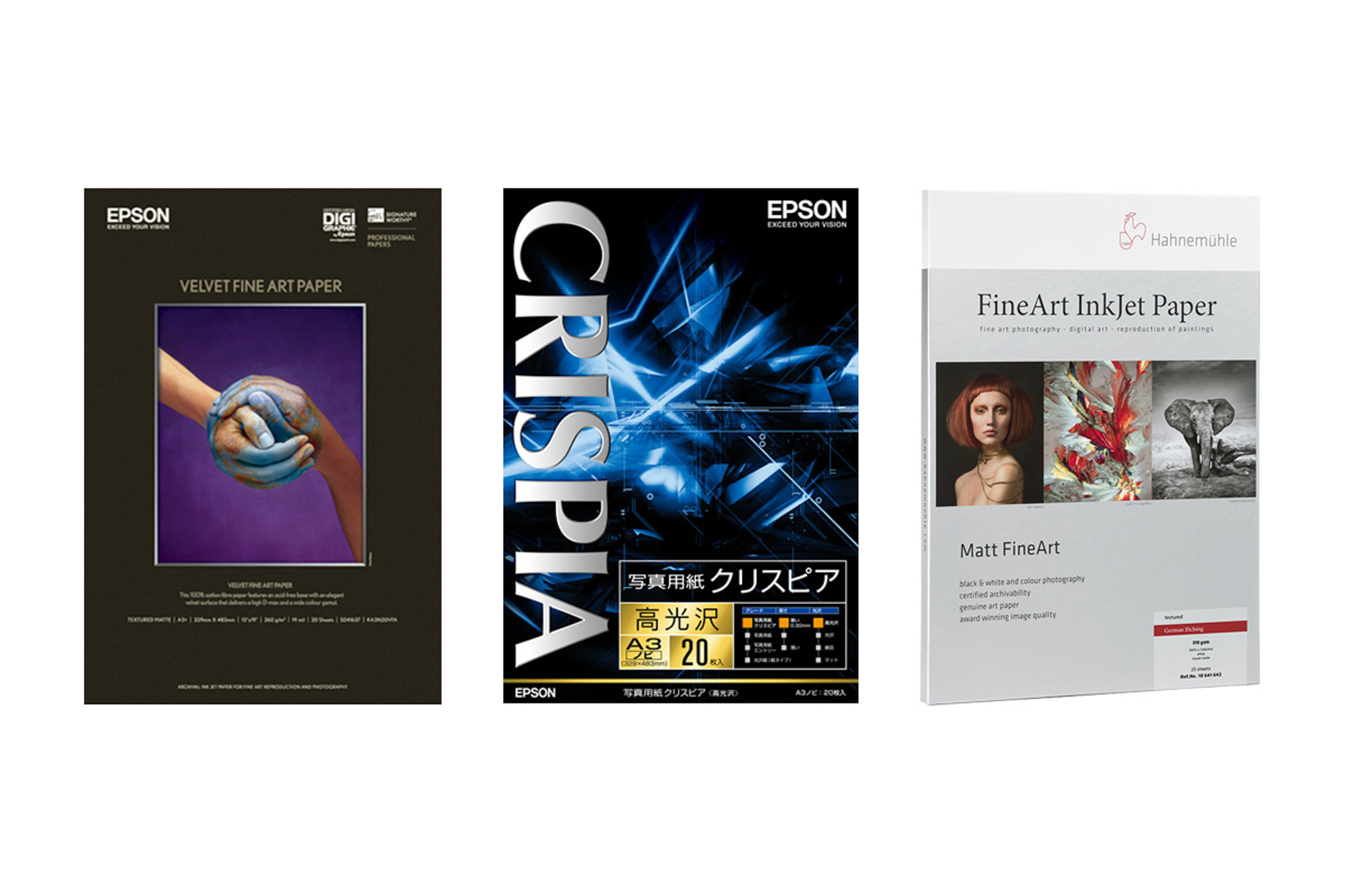 左から「エプソン Velvet Fine Art Paper」「エプソン 写真用紙クリスピア＜高光沢＞」「ハーネミューレ ジャーマン エッチング」