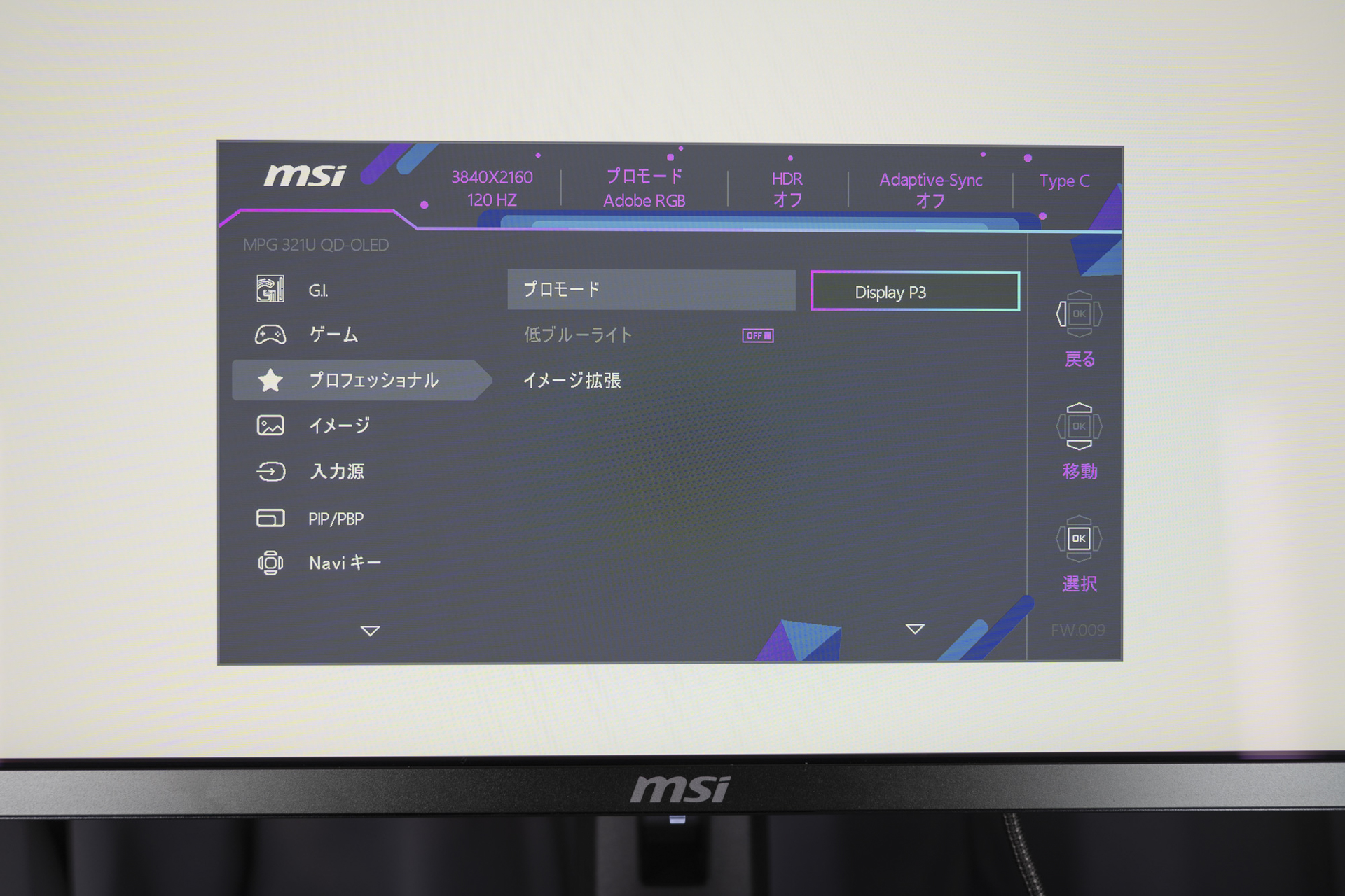 設定画面の「プロフェッショナル」から、おなじみのカラーモード（sRGB、Adobe RGB、Display P3）が選択できる
