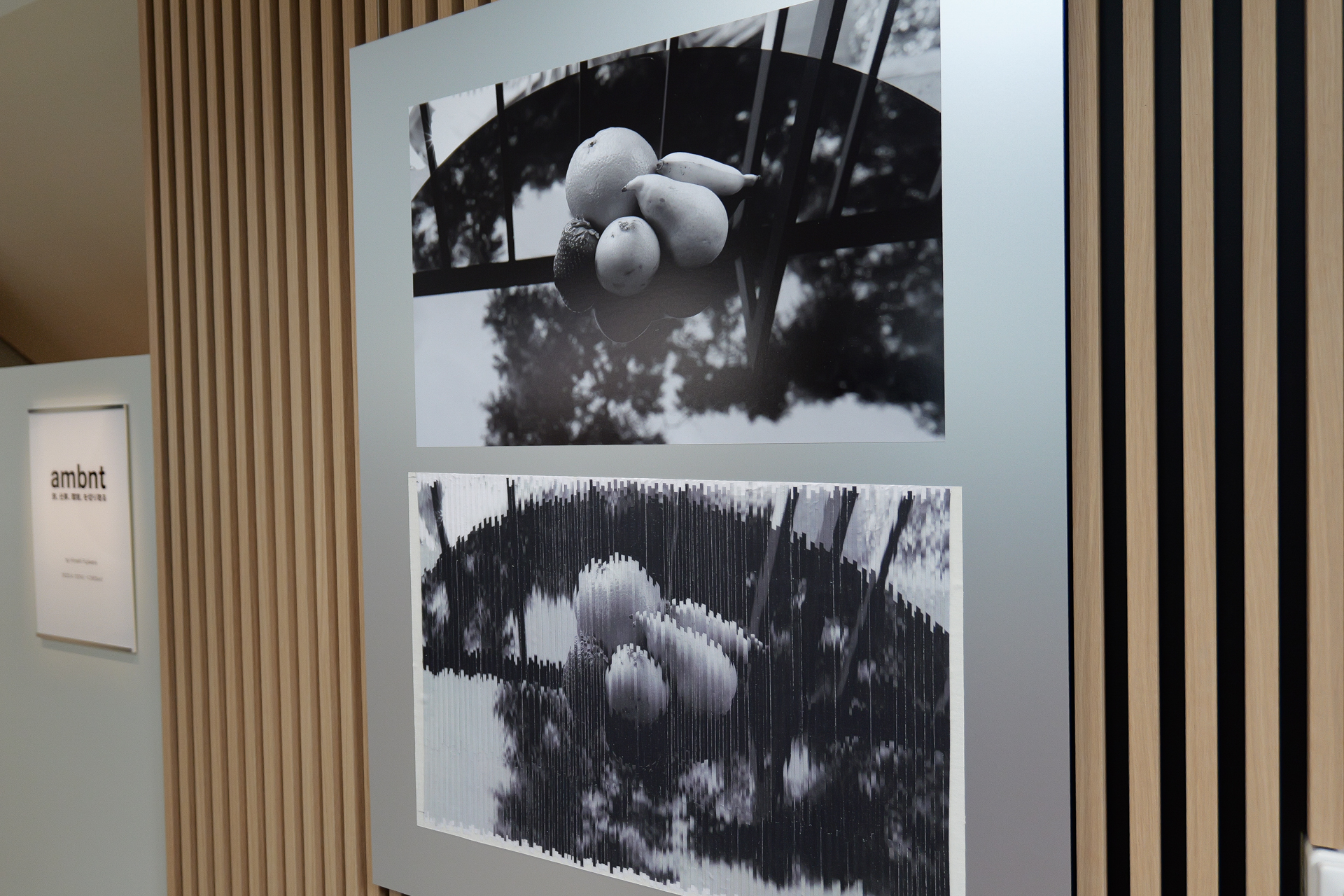 藤原ヒロシ氏の作品（上）と、アートディレクターの河村康輔氏とのコラボ作品（下）。コラボ作品は、藤原ヒロシ氏の写真をシュレッダーにかけ、それをつなぎ合わせたものという