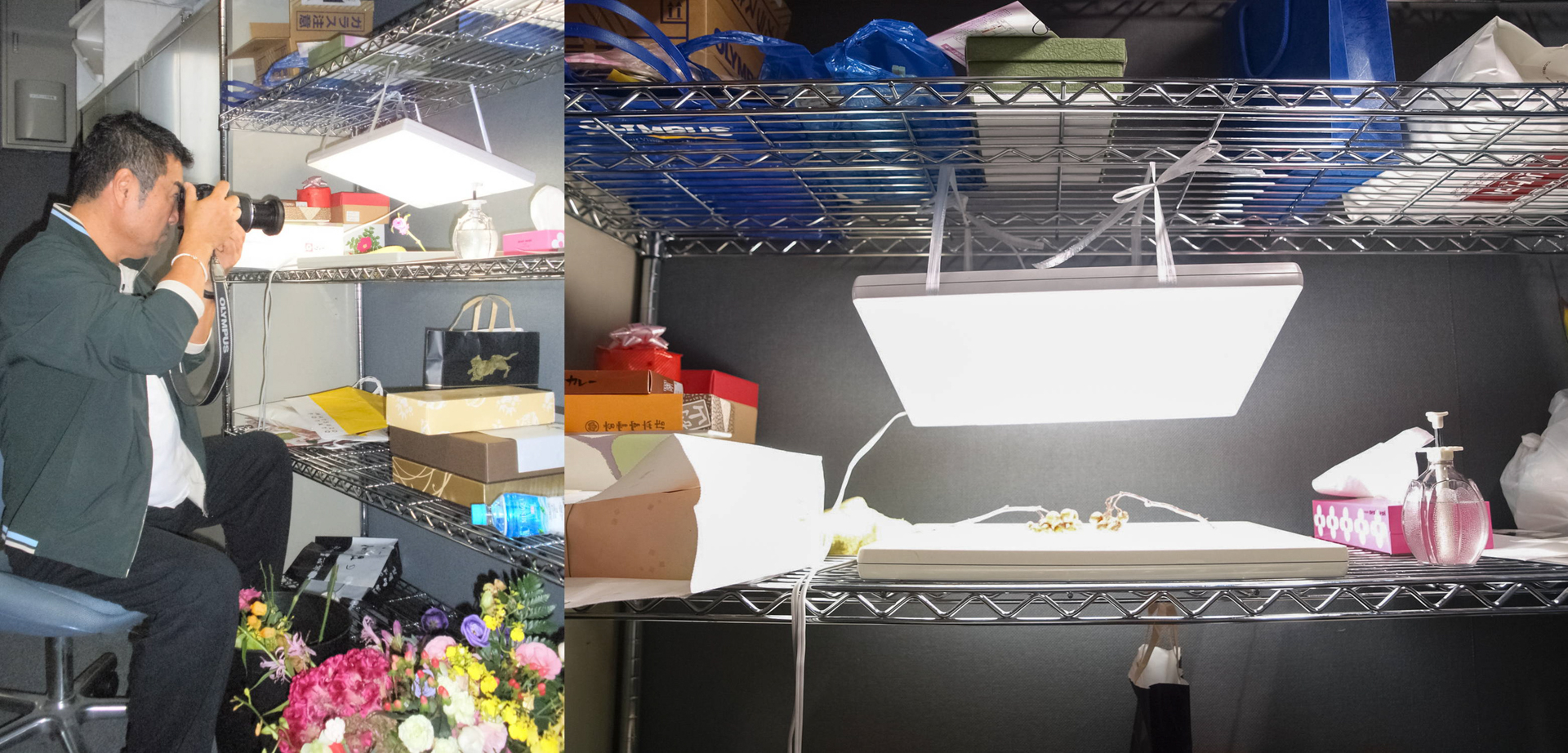 オリンパスギャラリー東京（神田小川町）のバックヤードにて、ライトビュアーを設置し1つ1つ花を撮っていく