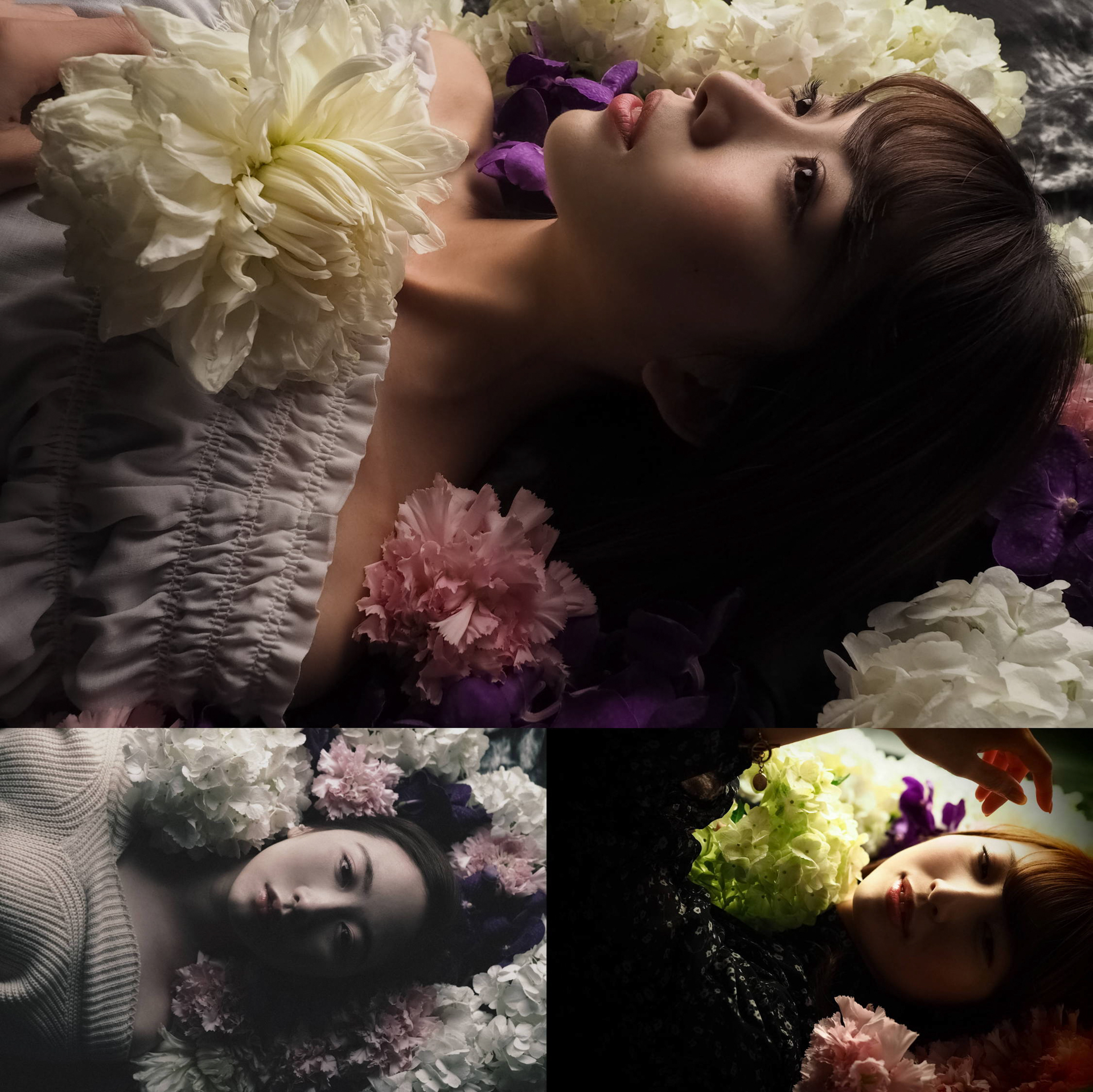 いずれもオリンパス PEN E-PL9／M.ZUIKO DIGITAL ED 12mm F2.0／絞り優先AE（上）F5.6・1/500秒・－1EV／ISO 1250 モデル：あおい （左下）F2.5・1/250秒・－0.7EV／ISO 200 モデル：奈央 （右下）F2.0・1/160秒・－1.0EV／ISO 200 モデル：美央