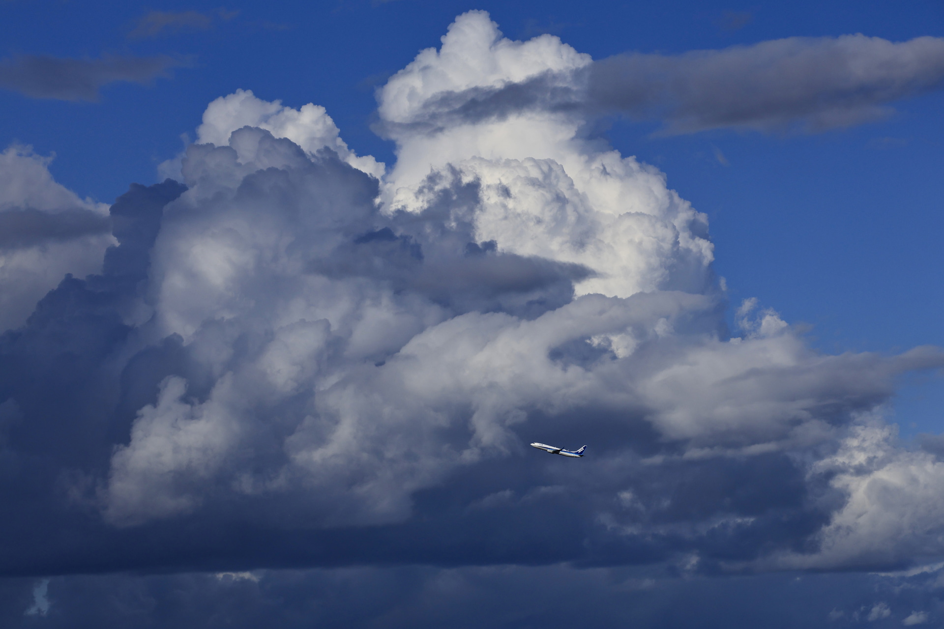 刻々と変化する積雲の状態に合わせてズーミングして、画面いっぱいの積雲にヒコーキを点景として配置。雄大な空の旅のスケール感を描いた<br><span class="fnt-85">キヤノン EOS R6 Mark II／RF100-500mm F4.5-7.1 L IS USM／176mm／絞り優先AE（F8、1/2,000秒、－0.7EV）／ISO 400／WB：オート</span>
