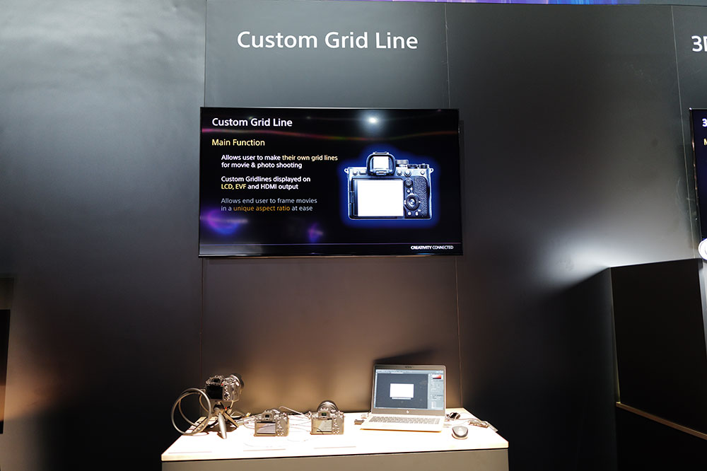 「Custom Grid Line」はαシリーズの使い勝手を大きく変える素晴らしいアップデートだ。スタジオカメラを想定した場合、フォーカスポイントや立ち位置は固定されており、その専用のグリッド（モニタ枠）が自在に表示されるのは使用感を格段に増す