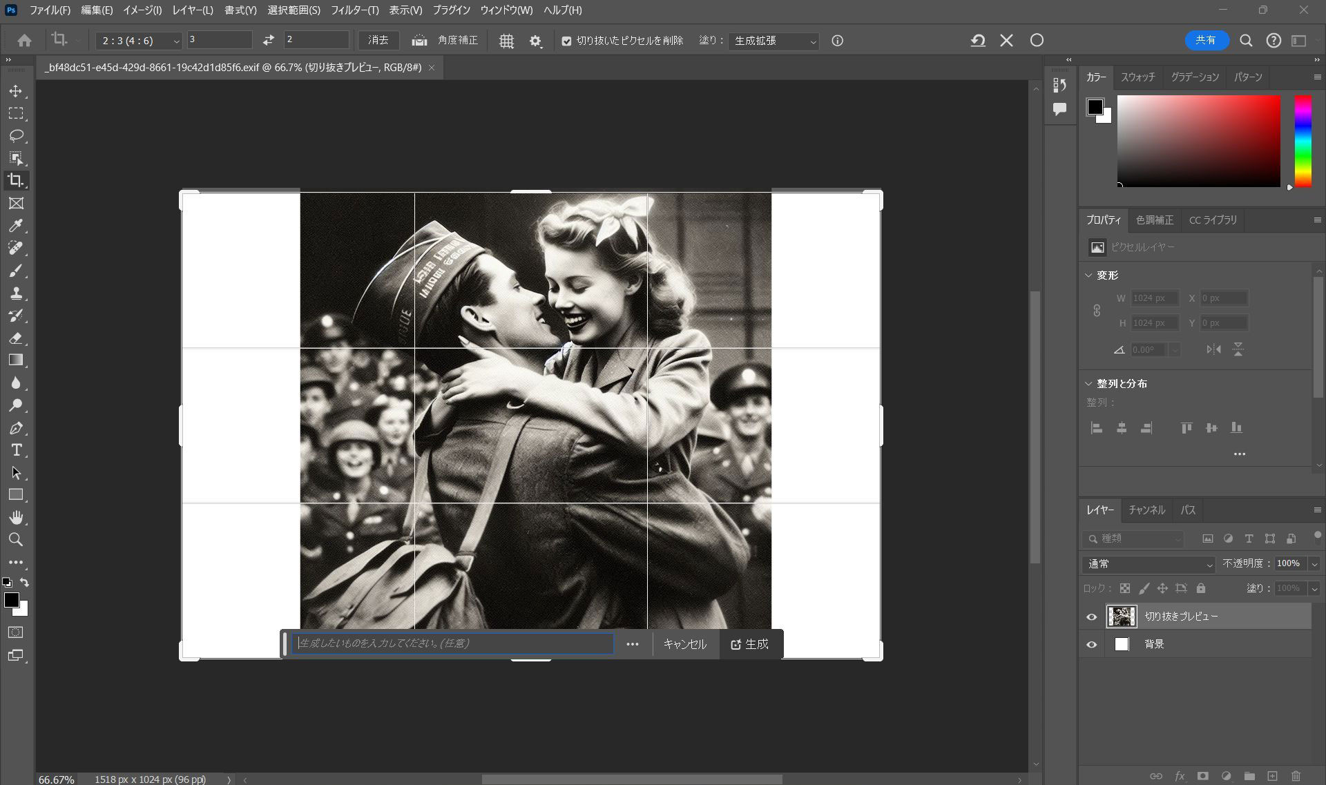 これをPhotoshopの生成拡張によって背景を広げている。他にLightroomでノイズの追加などもしたのが冒頭の写真だ