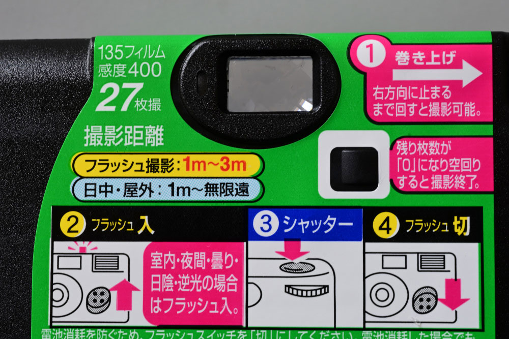 写ルンですシンプルエースの背面には撮影距離が日中・屋外で1メートル～無限遠と表示されている。つまり過焦点距離はその2倍の2メートルということになる