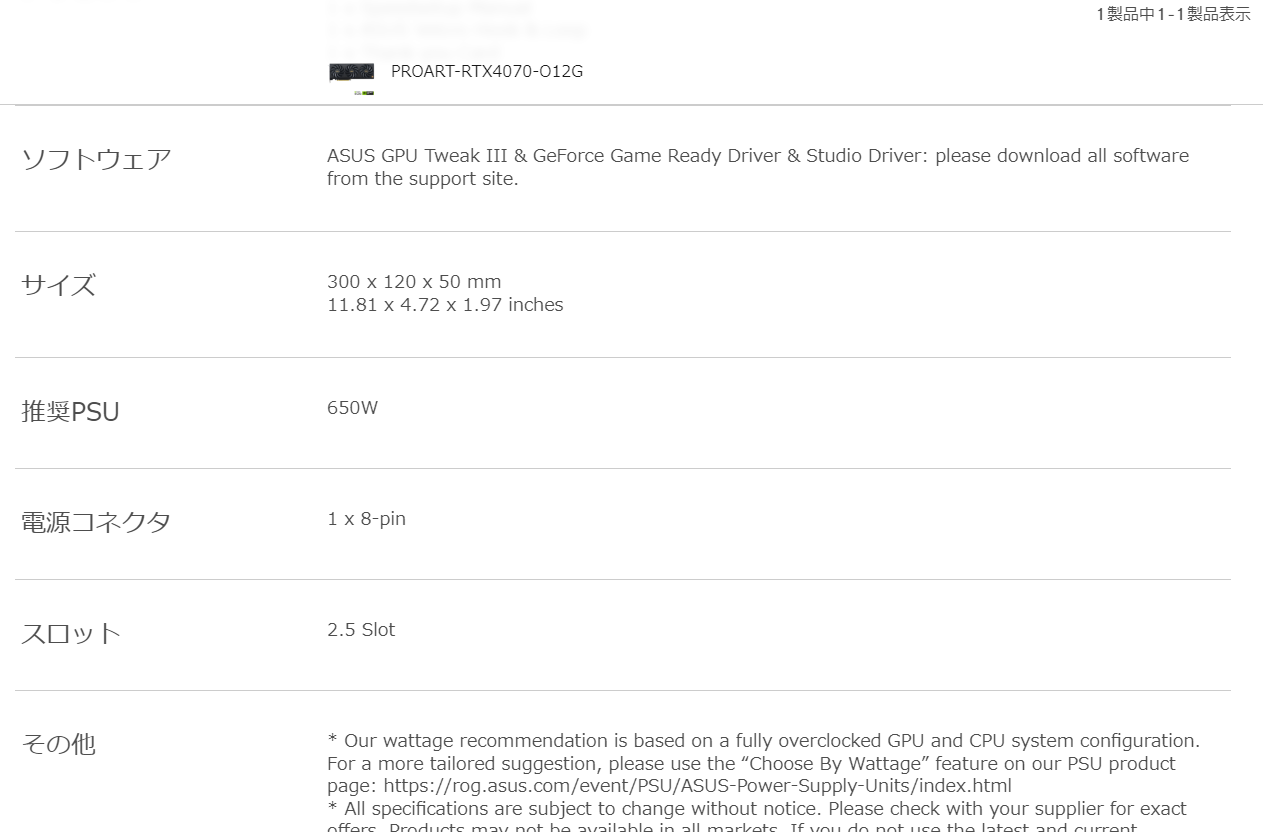 仕様表に電源ユニットの推奨定格出力値を記載している（画像はASUS「ProArt GeForce RTX 4070 OC edition 12GB GDDR6X」の例）
