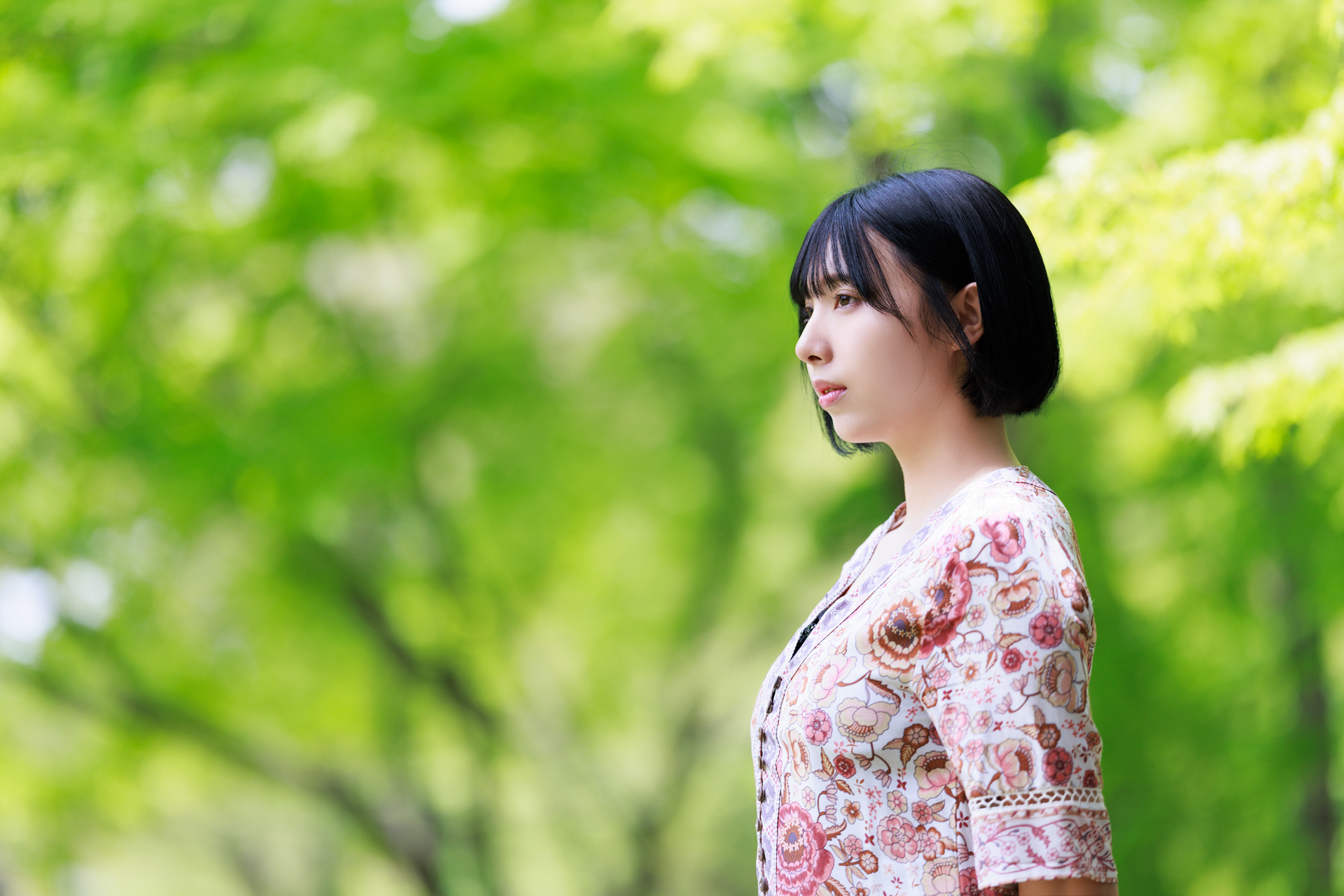 葉や枝のディテールがなだらかに消失している。モデルの立体感が一番表現されていて、主題の情報が強く伝わってくる。背景から浮き立つインパクトが生まれる