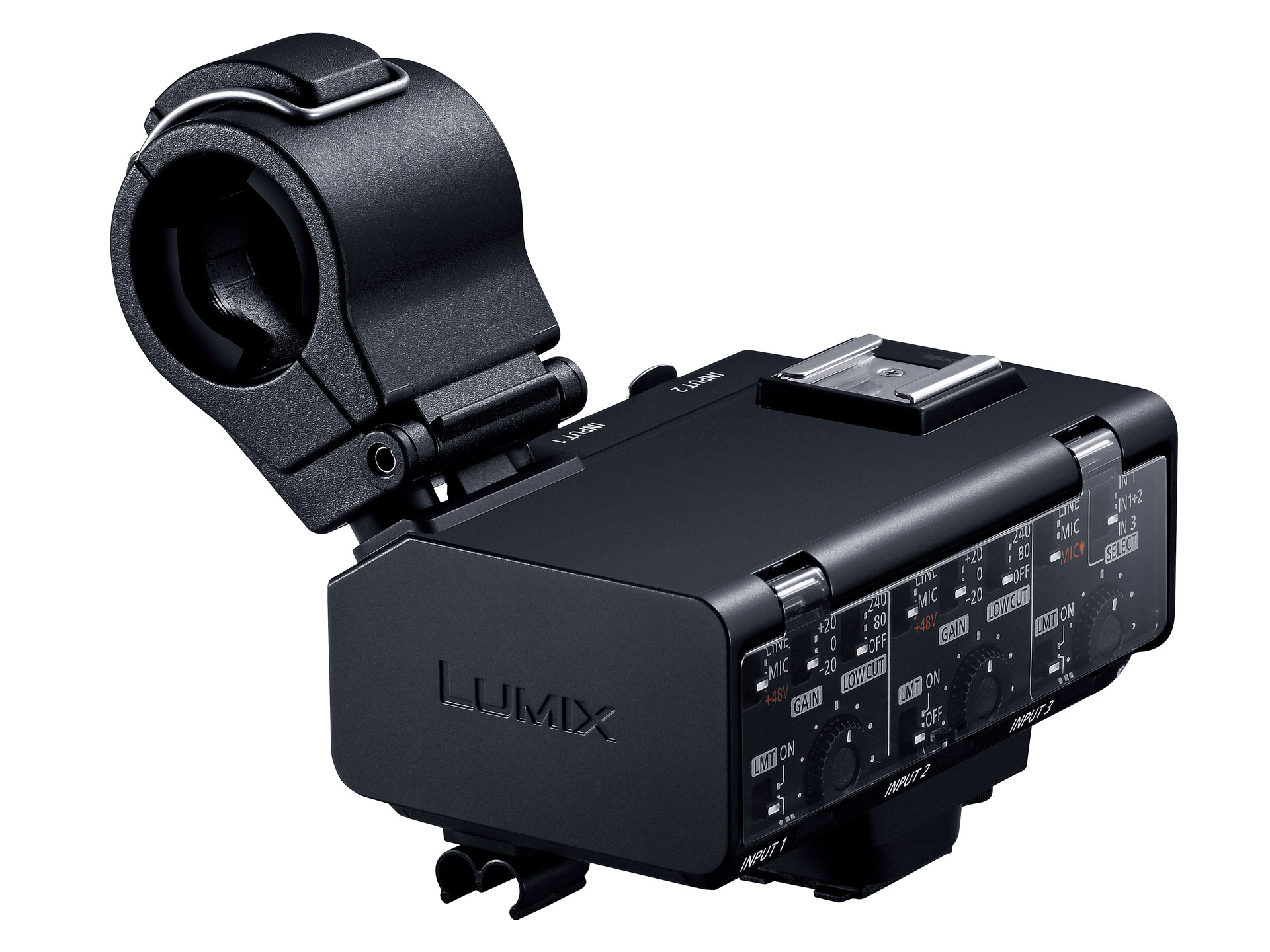 XLR マイクロホンアダプター「DMW-XLR2」。4ch音声やハイレゾ録音にも対応。3.5mmステレオミニジャック、マイクホルダー、コールドシューを備えている