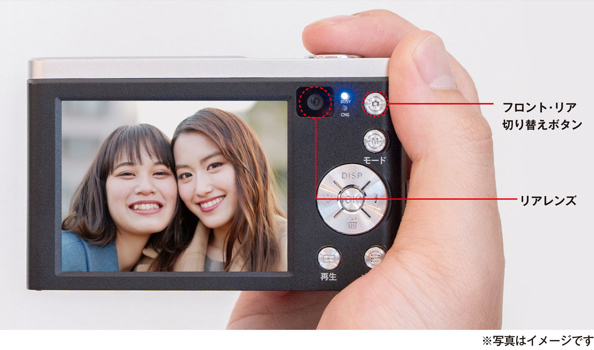 ボタン1つで前後のカメラが切り替え可能　自撮りに対応する