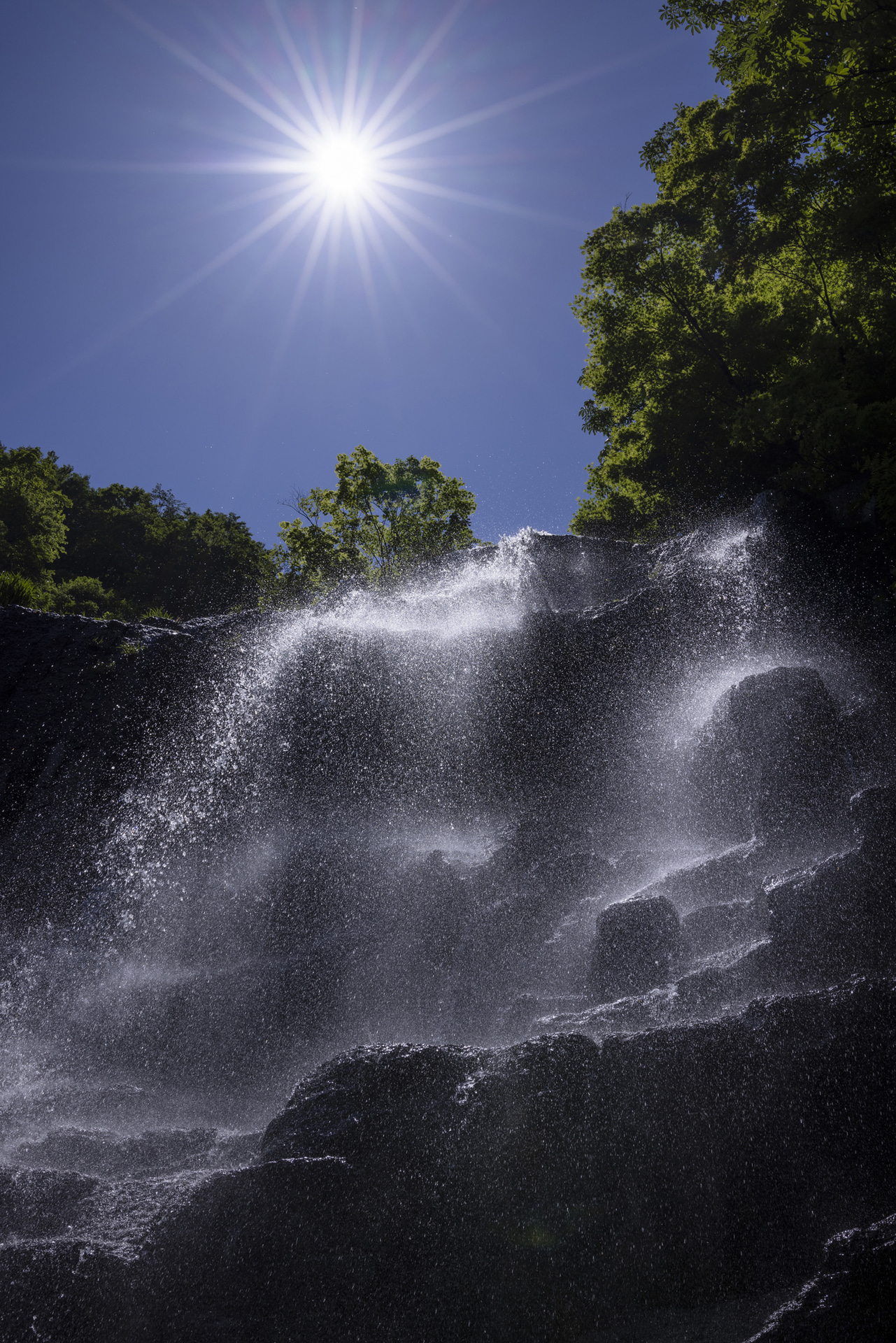 下から仰ぎ見ると滝の水しぶきの上空に太陽が顔をのぞかせていた。高速シャッターで水しぶきを写し止めると、フレアやゴーストのないクリアな描写に仕上がった<br><span class="fnt-85">キヤノン EOS R5／RF35mm F1.4 L VCM／35mm／マニュアル露出（F11、1/640秒）／ISO 100／WB：4,900K</span>