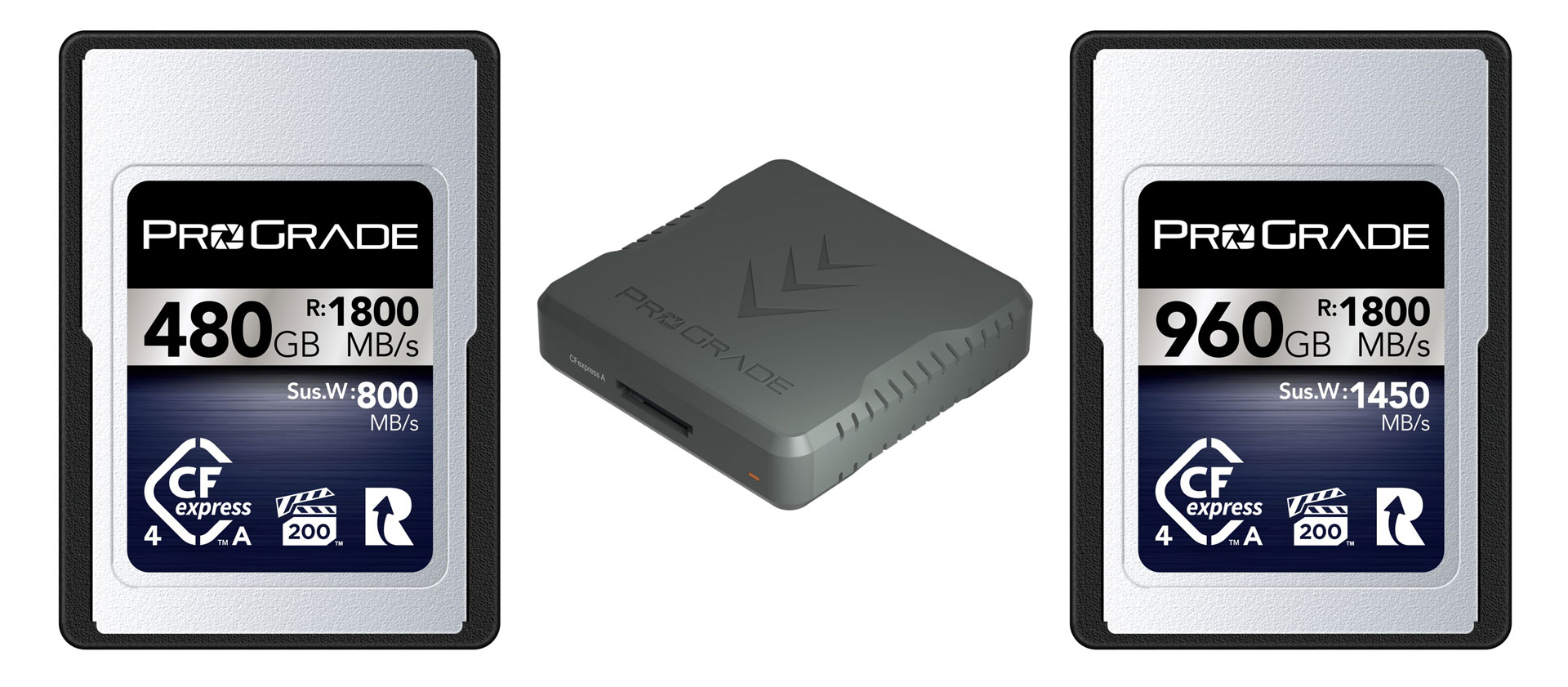 CFexpress 4.0 Type A IRIDIUM 480GB（左）、CFexpress 4.0 Type Aカードリーダー「PG09.6」（中）、CFexpress 4.0 Type A IRIDIUM 960GB（右）