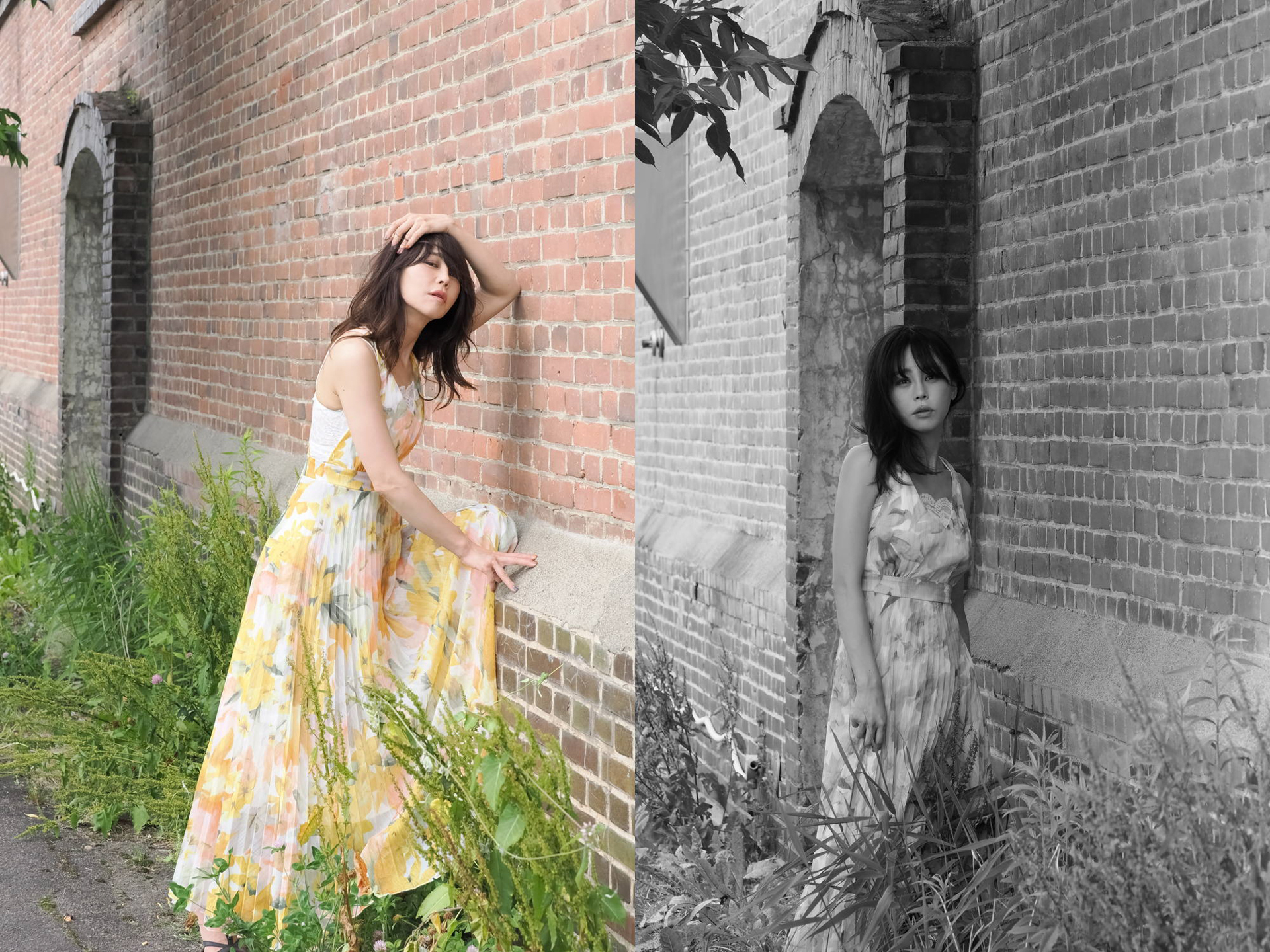 レンガは一見美しく世界観も出やすいがポートレートとなると肌への色被りが気になる場合もある。今回は自分の望む1枚が撮れたと思う。共にOM SYSTEM OM-1 MarkⅡ／M.ZUIKO DIGITAL ED 40-150mm F2.8 PRO／絞り優先AE（F5.6、1/500秒）／ISO 400（左）＋0.7EV（右）露出補正なし