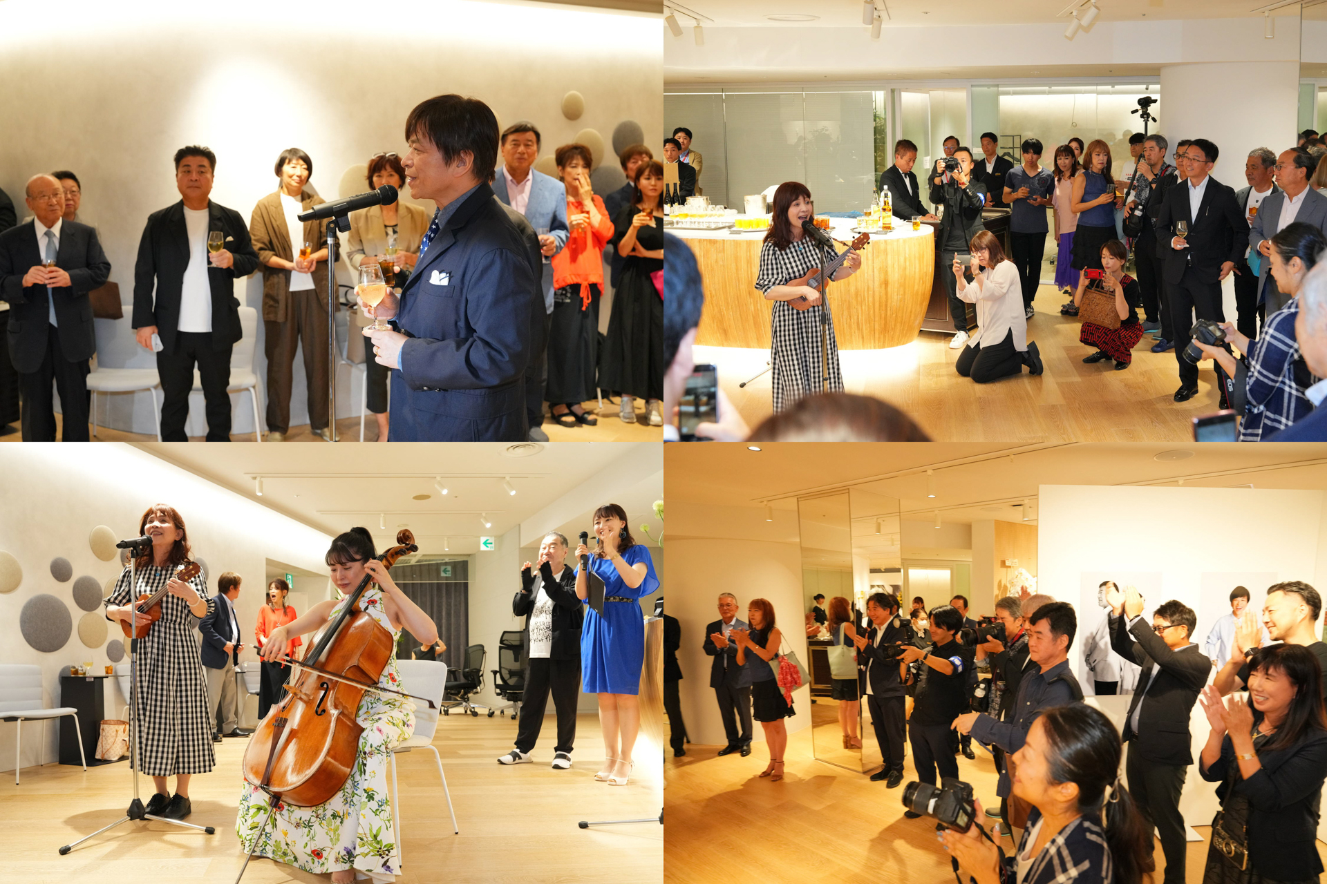 （左上）アナウンサー 武田真一様による乾杯の音頭（右上）ファミリーソングシンガー 山野さと子さんの歌とウクレレの演奏（左下）山野さんとチェリスト 新倉瞳さんのセッションも