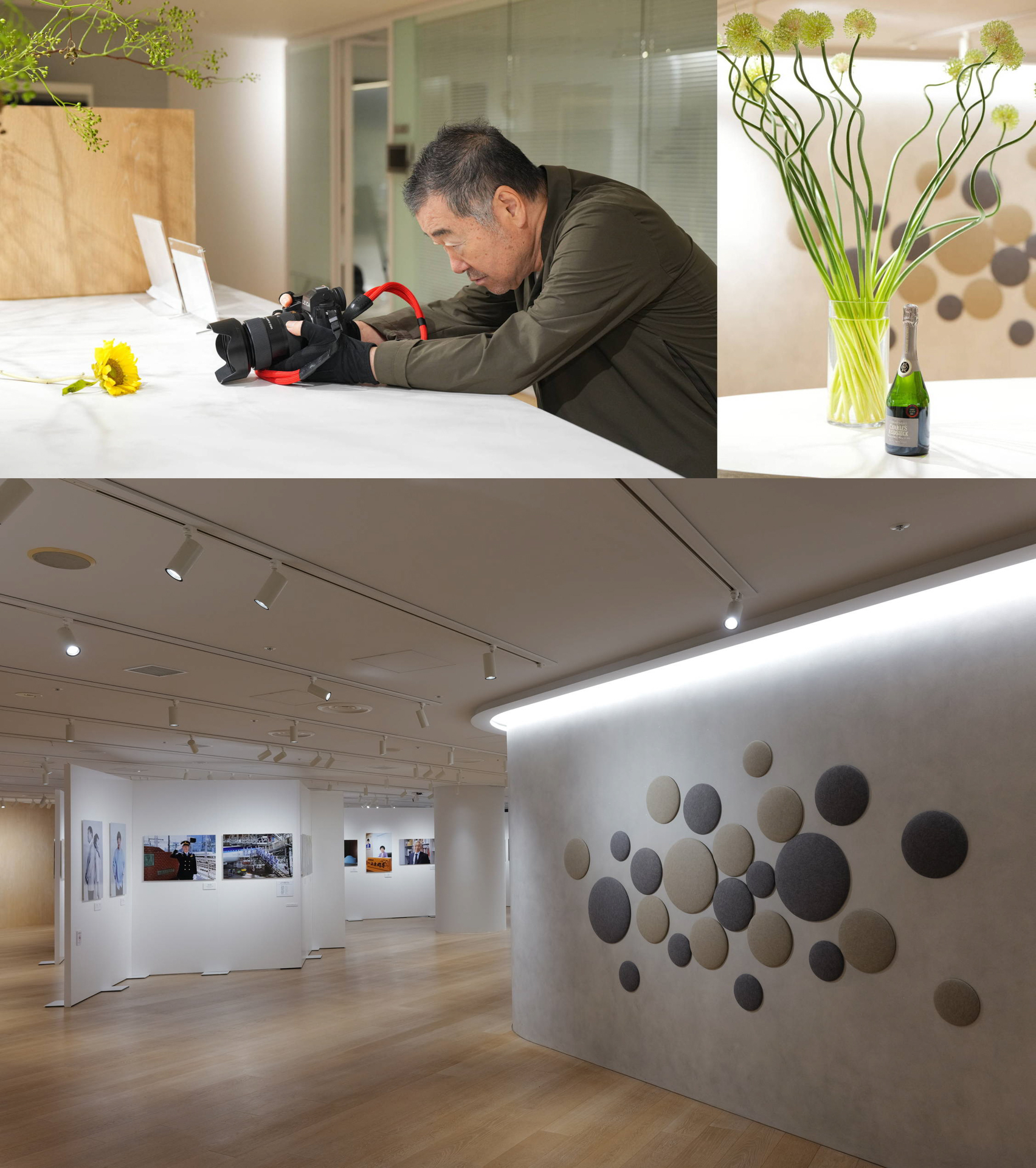 新しく設置されたカウンターの上で花や頂き物を撮る。（下）新しくデザインされた背景