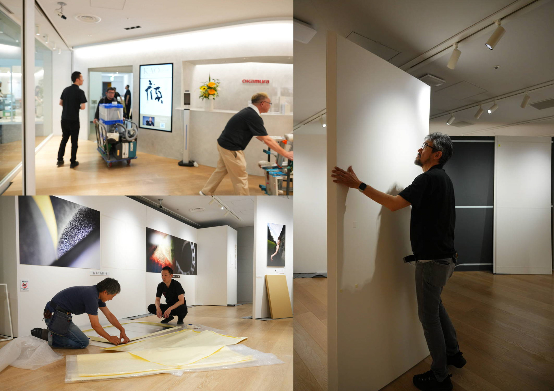 床を傷つけないよう搬出口まで養生シートを敷き道具を入れ込む。作品が丁寧に梱包された後、パネルの壁が解体されていく