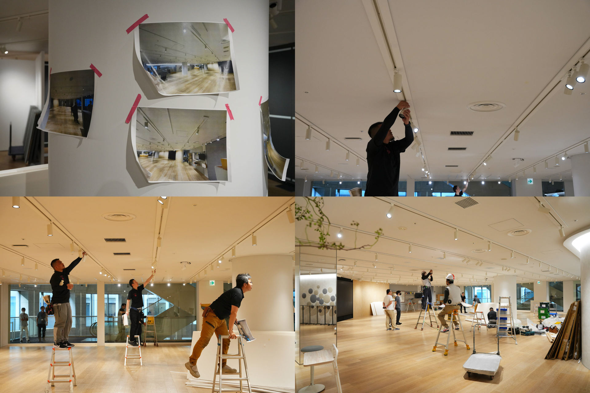 搬入前に撮影しておいたライト位置の写真を確認しながらフレームマンさんが設置したあと、オカムラさんのスタッフが細かく原状復帰をしていく