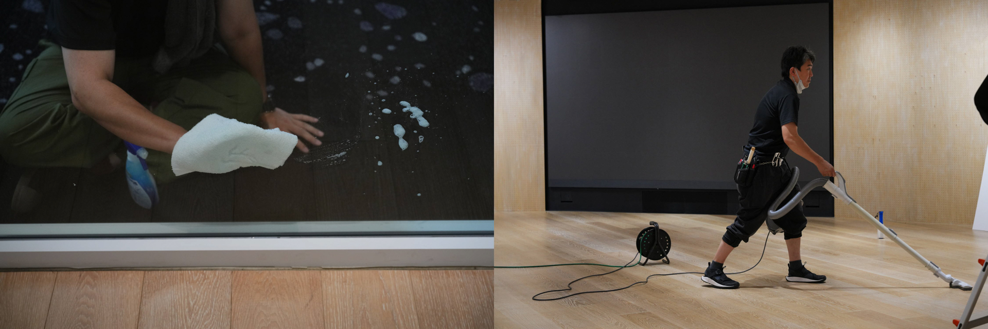 ガラス面に貼られたカッティングシートを剥がし、跡が残らないようクリーナーで拭き取る。床に掃除機をかける。