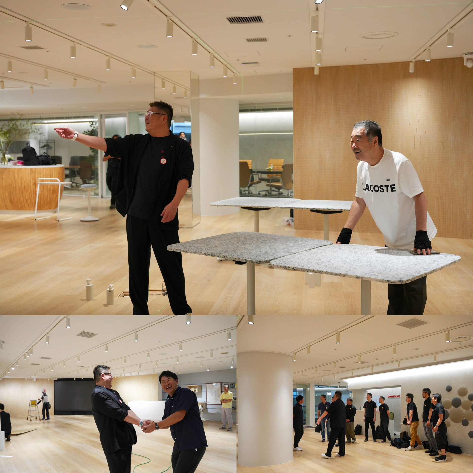 （上）奈須田社長と確認しながら無事に撤収完了（左下）写真弘社の川口さんも立ち合ってくれている。無事に終えて奈須田社長と握手。（右下）フレームマンの皆さん、ありがとうございました