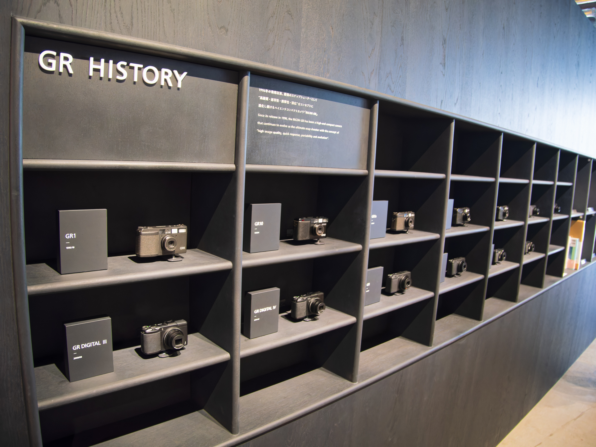 壁際にGR HISTORYコーナー。歴代GRが展示されている