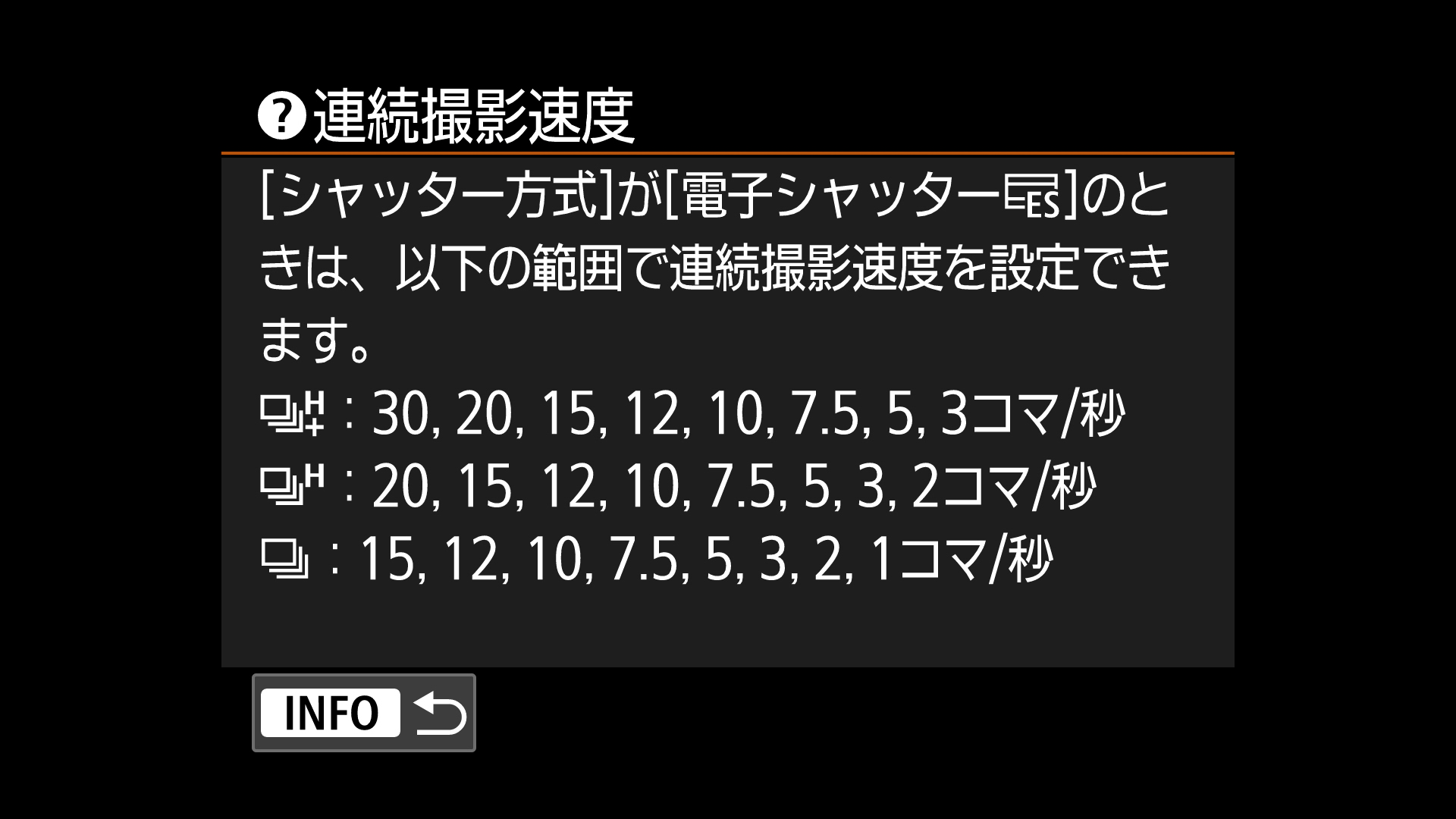 この中から好きなコマ速を設定できる。電子シャッター時のみ有効だ