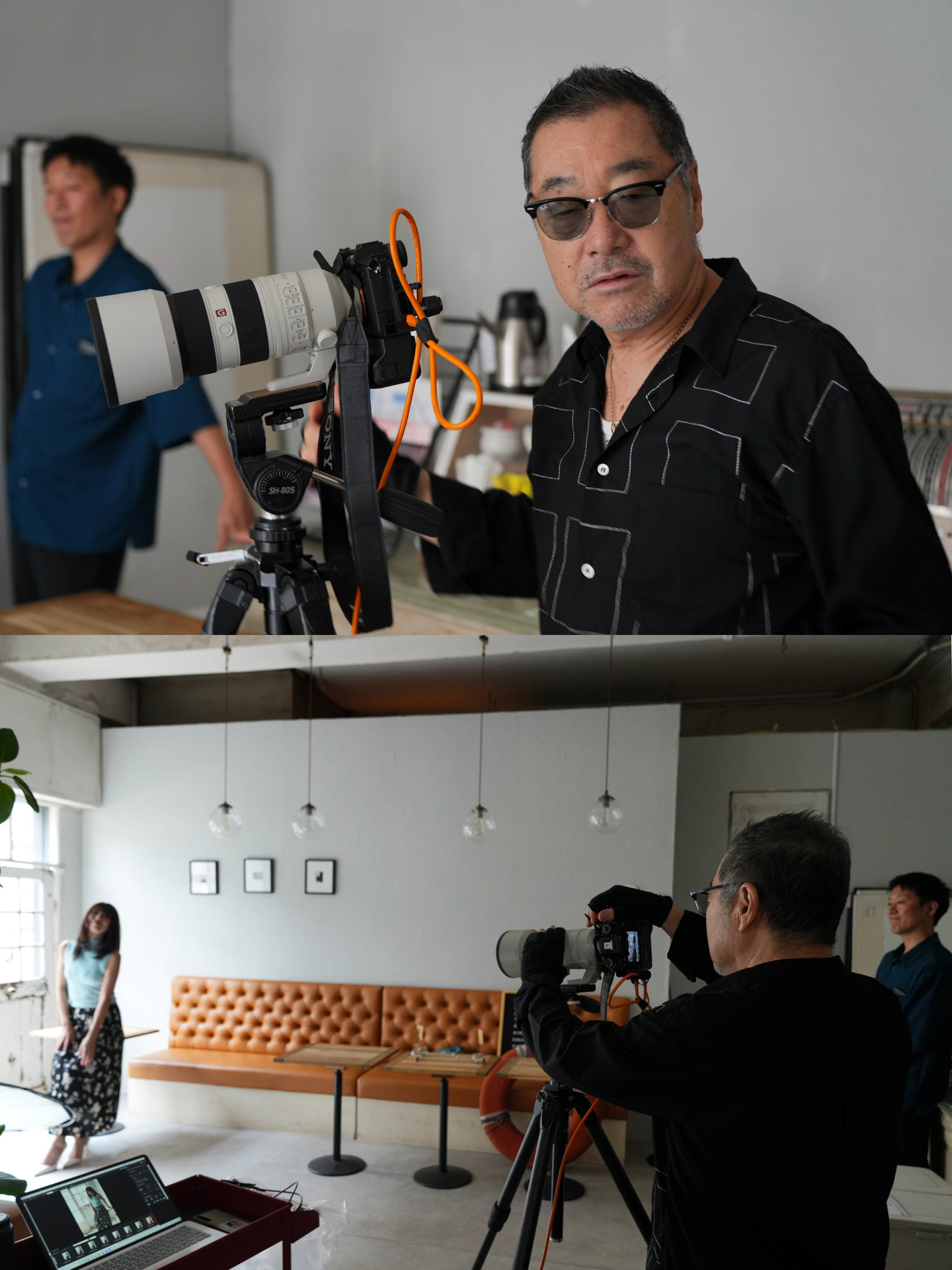 撮影の邪魔にならない程度の色付きサングラス。もちろんテザーでもきちんと露出や写りをチェックしながら撮っていく