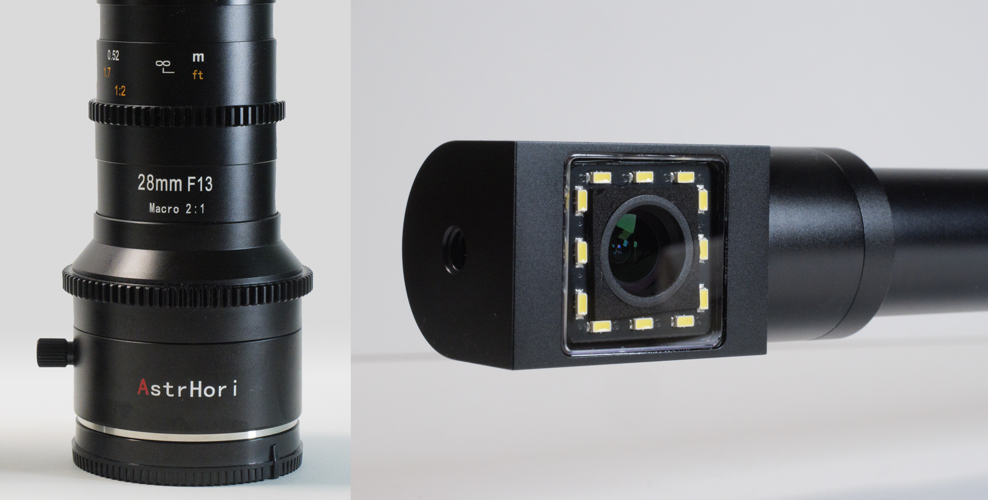 AstrHori 28mm F13 Macro 2:1 Pro ペリスコープレンズのメインユニット（左）とペリスコープ（右）。ペリスコープ先端のレンズは90°横を向いていて、メインユニットの手元側にあるイモネジを緩めるとペリスコープレンズが根元から回転する仕組み