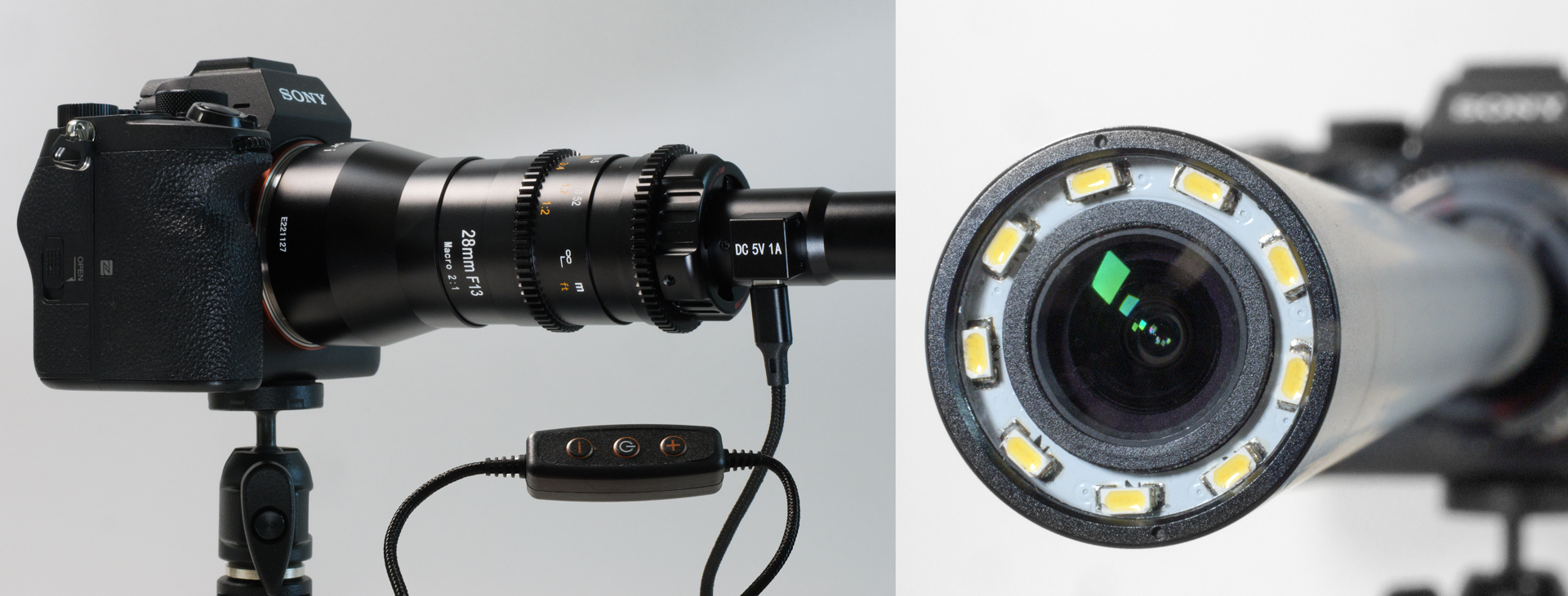 ペリスコープ部の根元にUSB Type-C端子を搭載し、レンズ先端のLEDライトに給電できる。付属のUSBケーブルにはスイッチが搭載され、照明のON/OFFと10段階の調光が可能