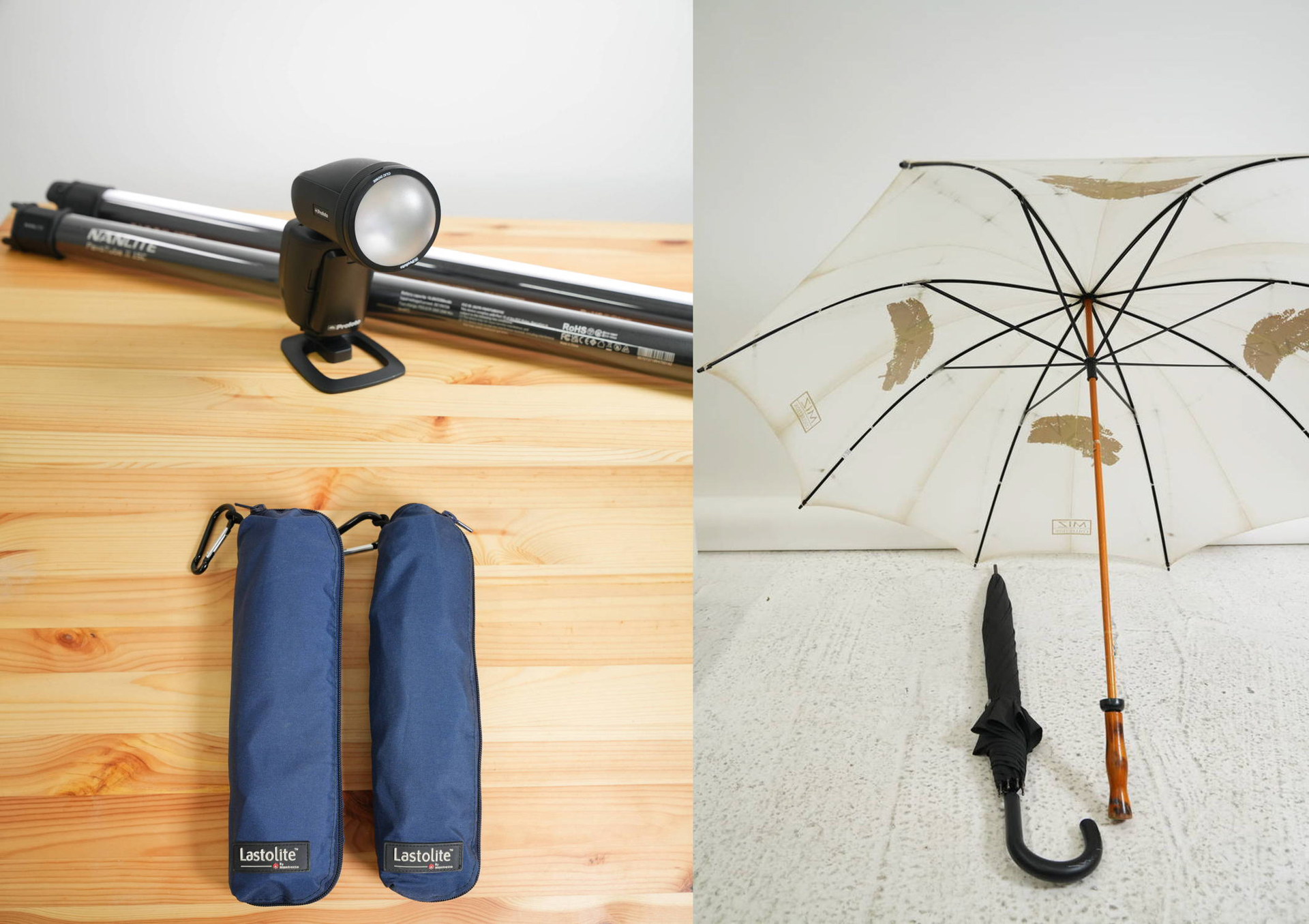 照明機材、レフ板、白傘と黒傘