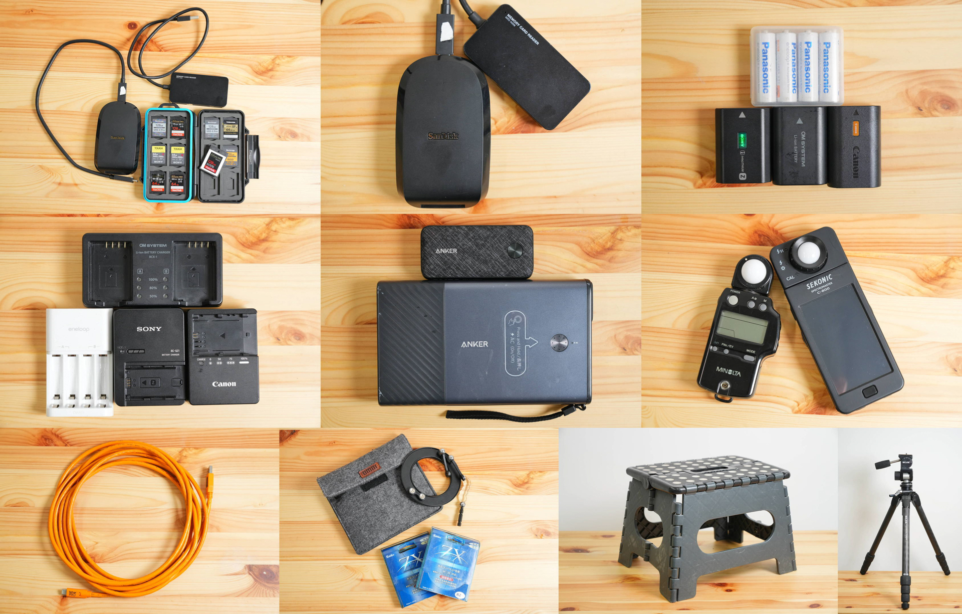 メモリーカード、カードリーダー、バッテリー、チャージャー、モバイルバッテリー、露出計とカラーメーター、テザーケーブル、OMNIクリエイティブフィルターとPLフィルター、ミニ脚立、三脚