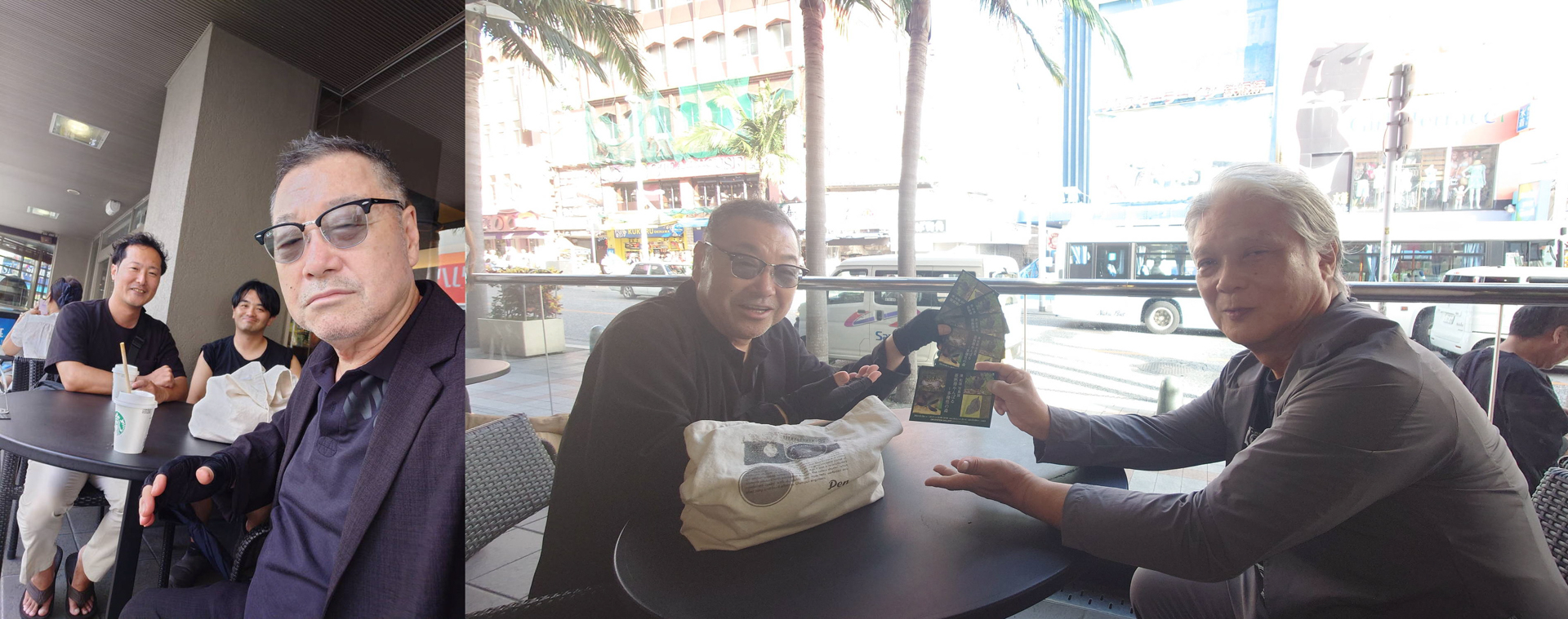 （左）先に湊さんと合流すべく、マッハとアシスタントOBの喜屋武君と湊さんを待つ（右）湊さんと合流