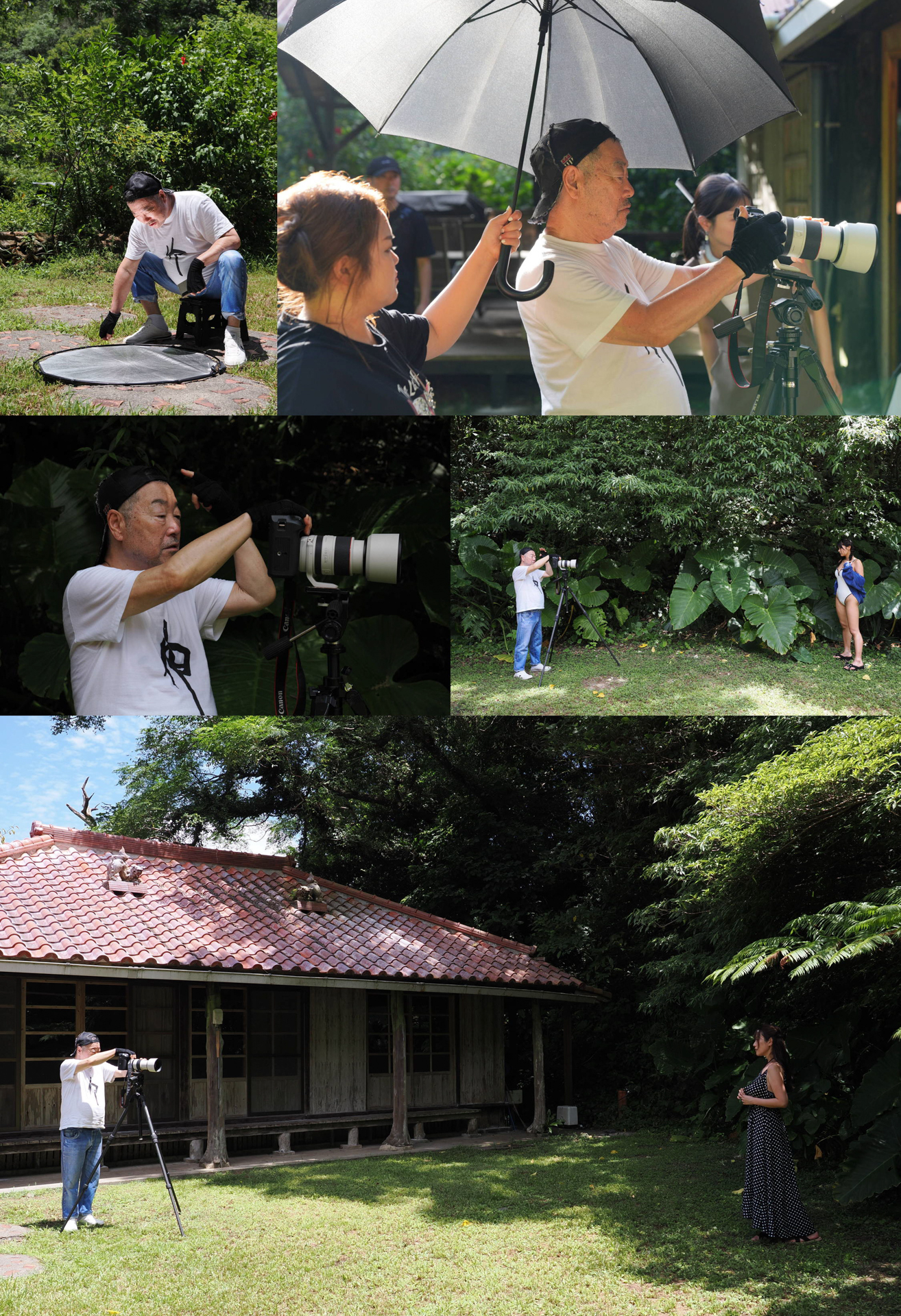 （左上）待ち時間にレフ板で日焼けを試みる。（右上）病気を患ってから基本的にファインダーを覗かず液晶で確認していて、見づらい環境では黒傘で日を遮ってもらう。（中・下段）70-200mmの望遠レンズで被写体との距離はこのくらい離れていることが多い