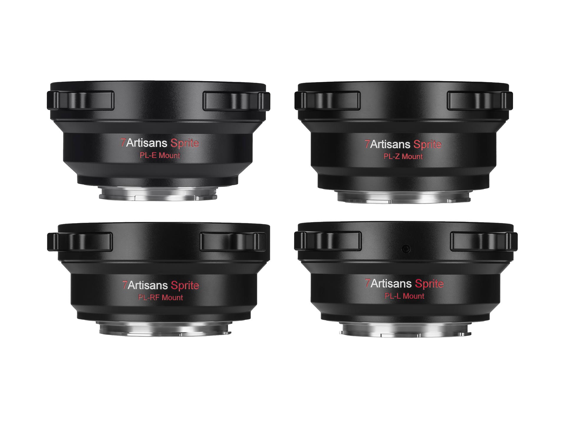 左上から時計回りにPL-E（PLマウントレンズ → ソニーEマウント変換）、PL-Z （PLマウントレンズ → ニコンZマウント変換）、PL-L（PLマウントレンズ → Lマウント変換）、（PLマウントレンズ → キヤノンRFマウント変換）