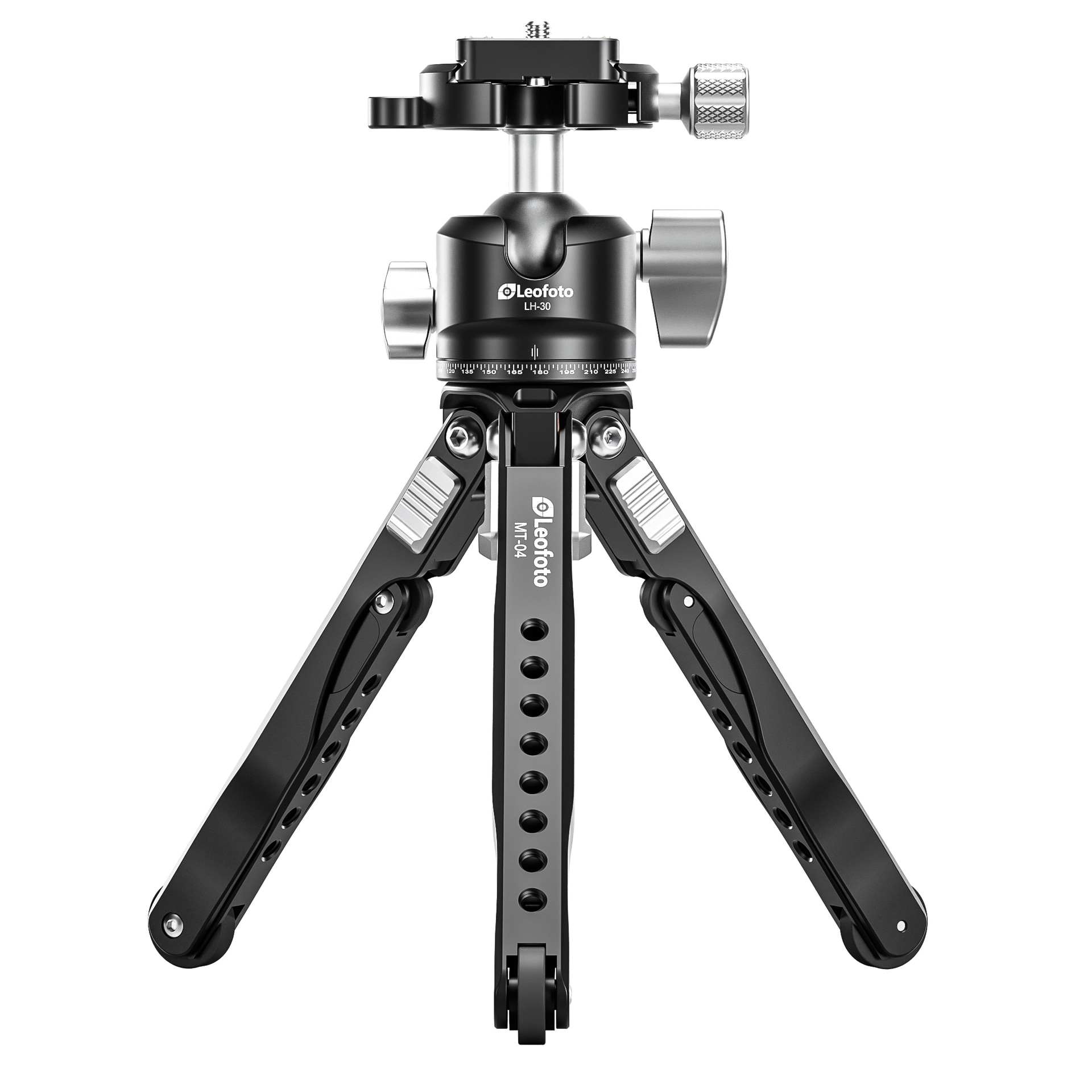 <span class="fnt-110"><b>MT-04+LH-30</b></span><br>価格：3万5,640円（税込）／伸長：225mm（1段目）、305mm（2段目）、370mm（3段目）／最低高：117mm／収納高：252mm／段数：3段／最大脚径：22mm／ベース径：38mm／耐荷重：5kg／質量：630g<br>　<br>MT-04は脚を3段階で折り畳めるミニ三脚。携帯性を維持しつつ、折り曲げた脚をフックのように使うなどフレキシブルに活用できる