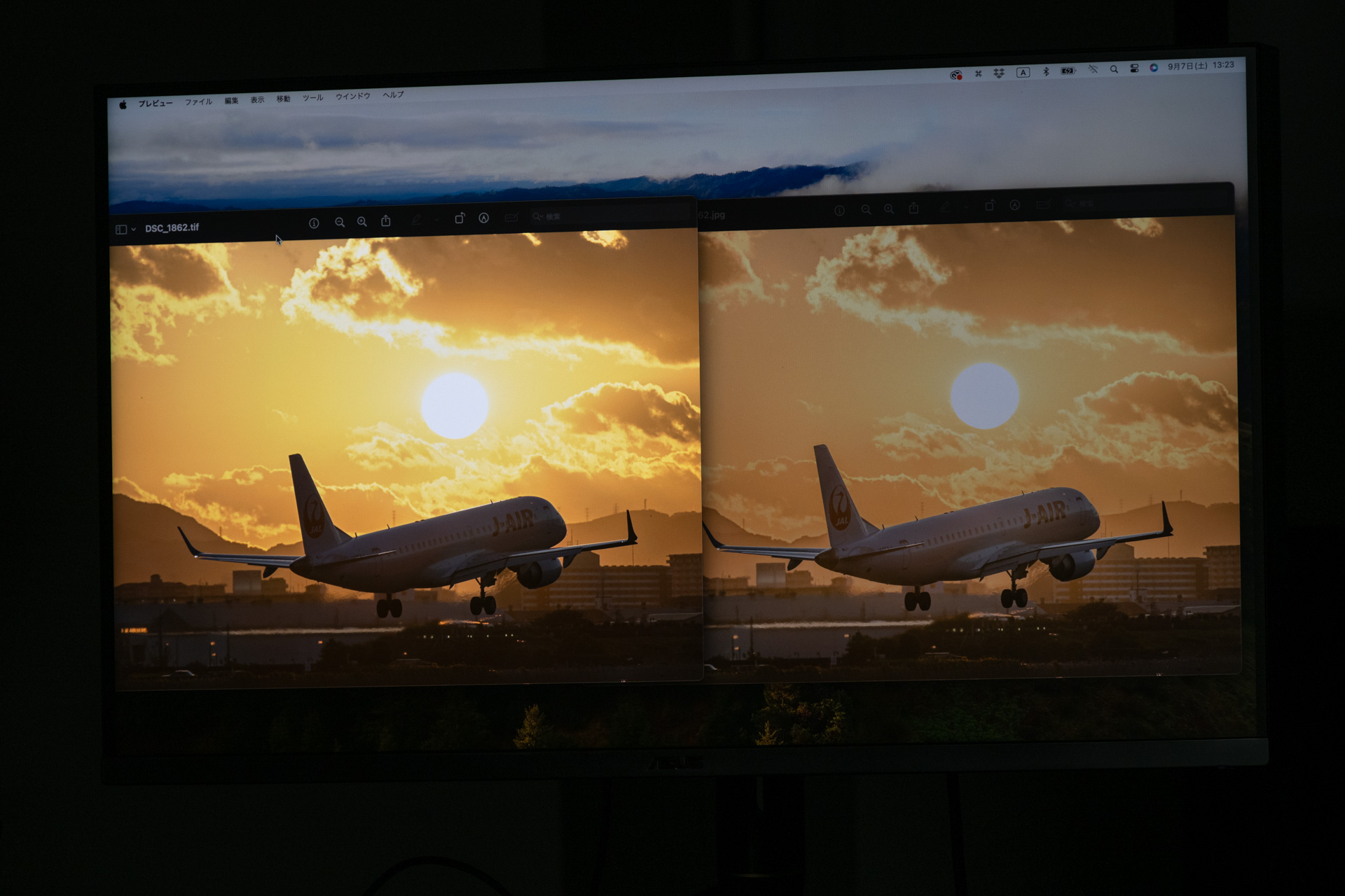 HDR対応ディスプレイでHDR（左）とSDR（右）を表示させたところ。実際にはかなりダイナミックレンジの差が出ていた