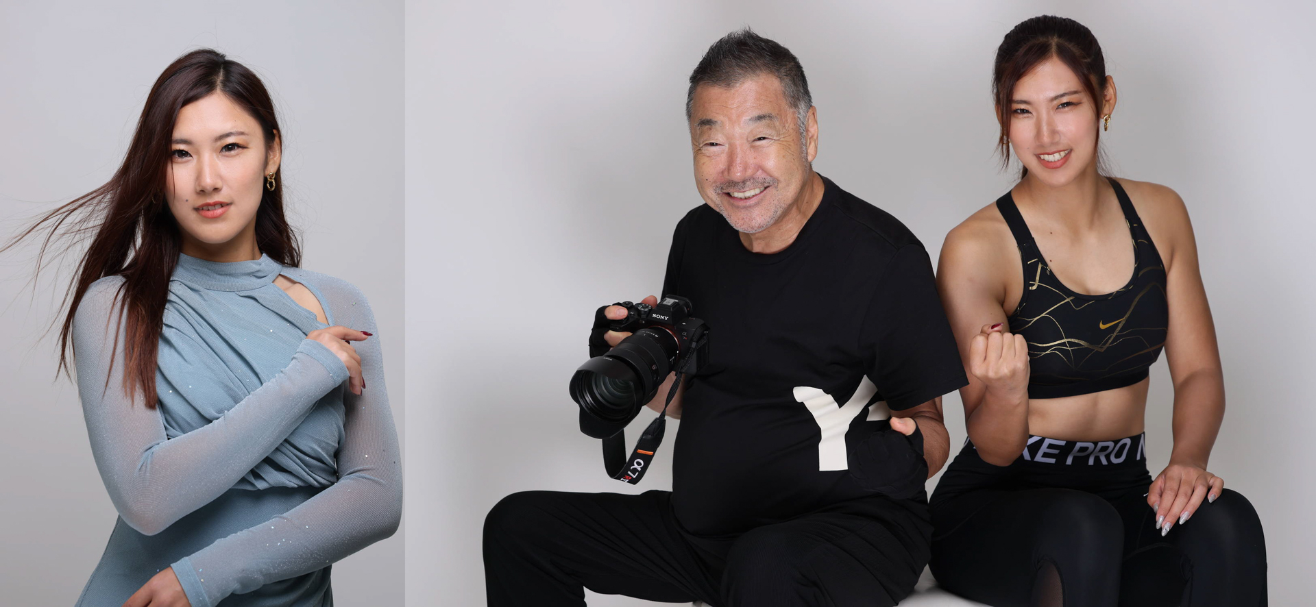 ドレス2着とスポーツウェアで撮影（左）キヤノン EOS R5／RF70-200mm F2.8 L IS USM／マニュアル（F5.6、1/125秒）／ISO 400（右）安宅さんと記念写真