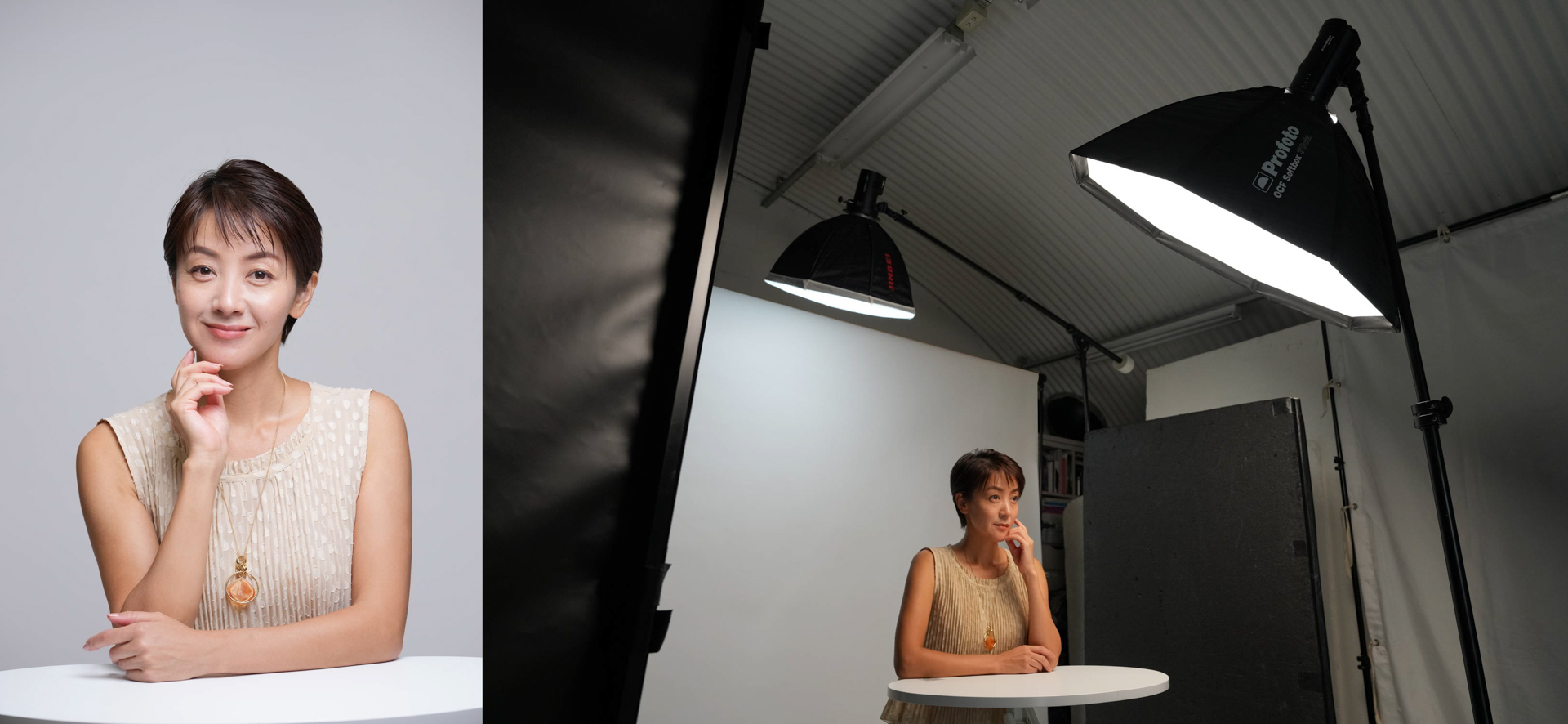 （左）ソニー α1／FE 70-200mm F2.8 GM OSS II／マニュアル（F5.6、1/125秒）／ISO 400 （右）この時はメインライトにプロフォトB10X Plus、背景とトップにGODOXのAD300Proを使用。光の当たり具合を見るためモデリングを点灯