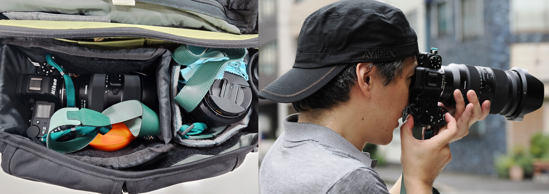 柳川さんのカメラバッグを見せてもらった、カメラ2台とレンズが2本