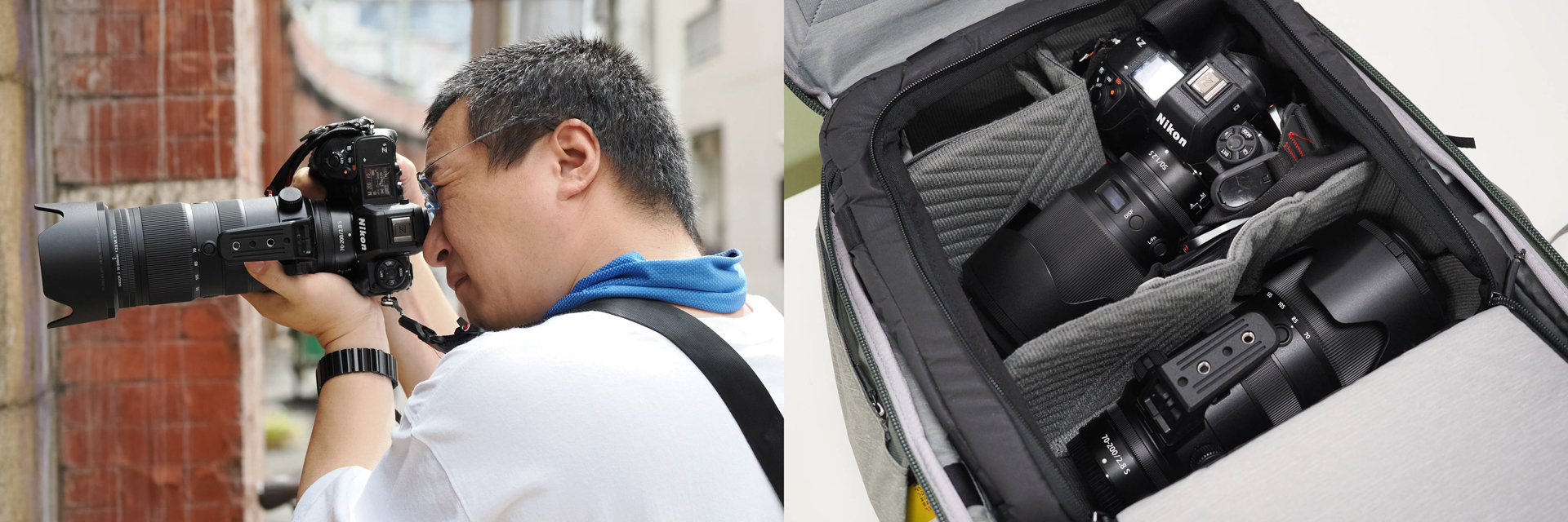 村上さんのカメラバッグも見せてもらった、カメラ1台にレンズが2本