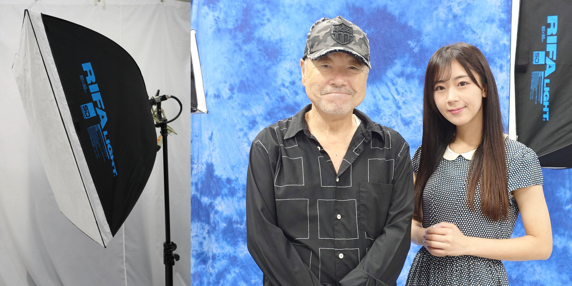 スタジオ内ではリファーライトを使いブルーの布を背景に撮影、途中でさなちゃんと記念写真