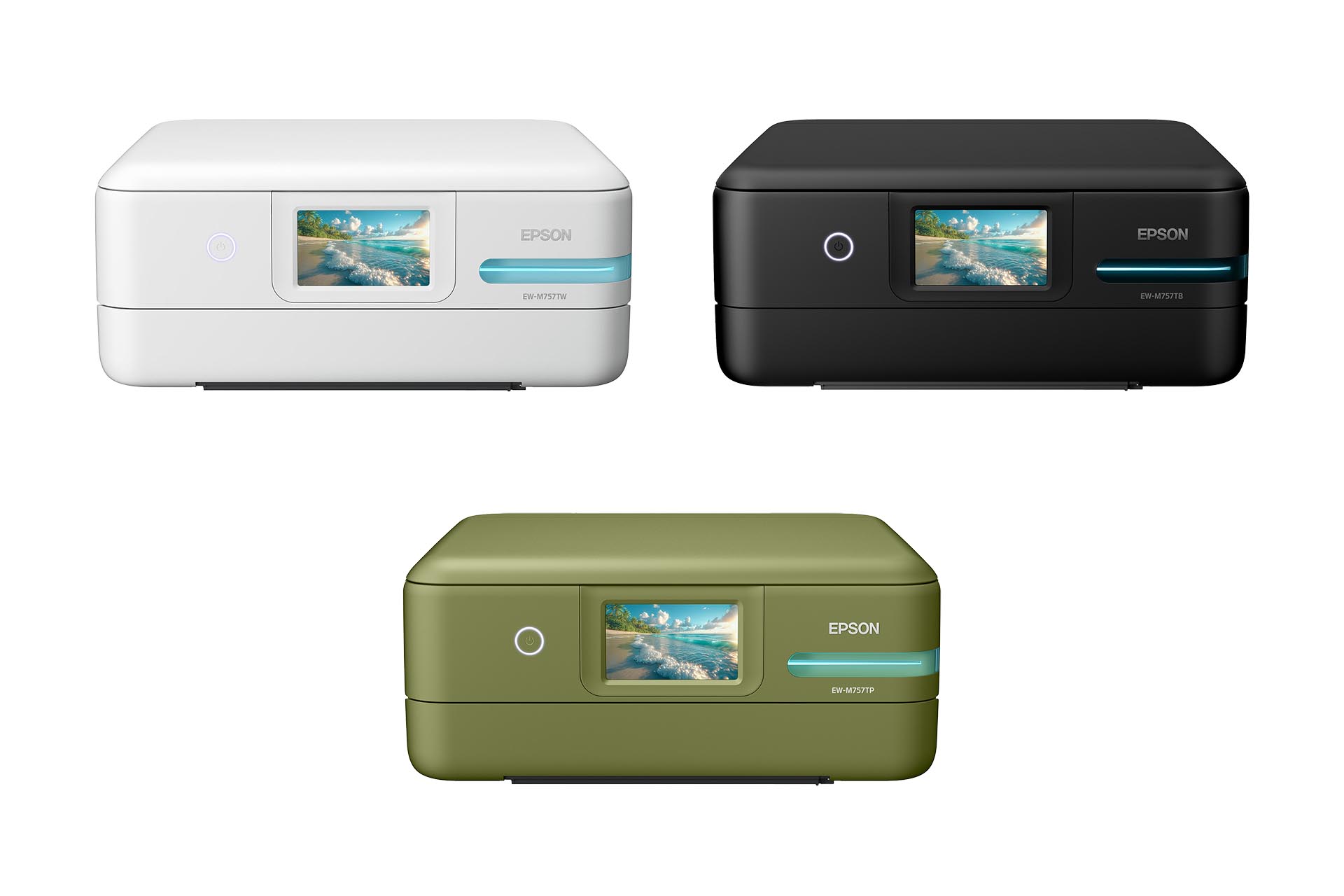 上段左から時計回りにEW-M757TW（ホワイト）、EW-M757TB（ブラック）、EW-M757TP（ピスタチオグリーン）